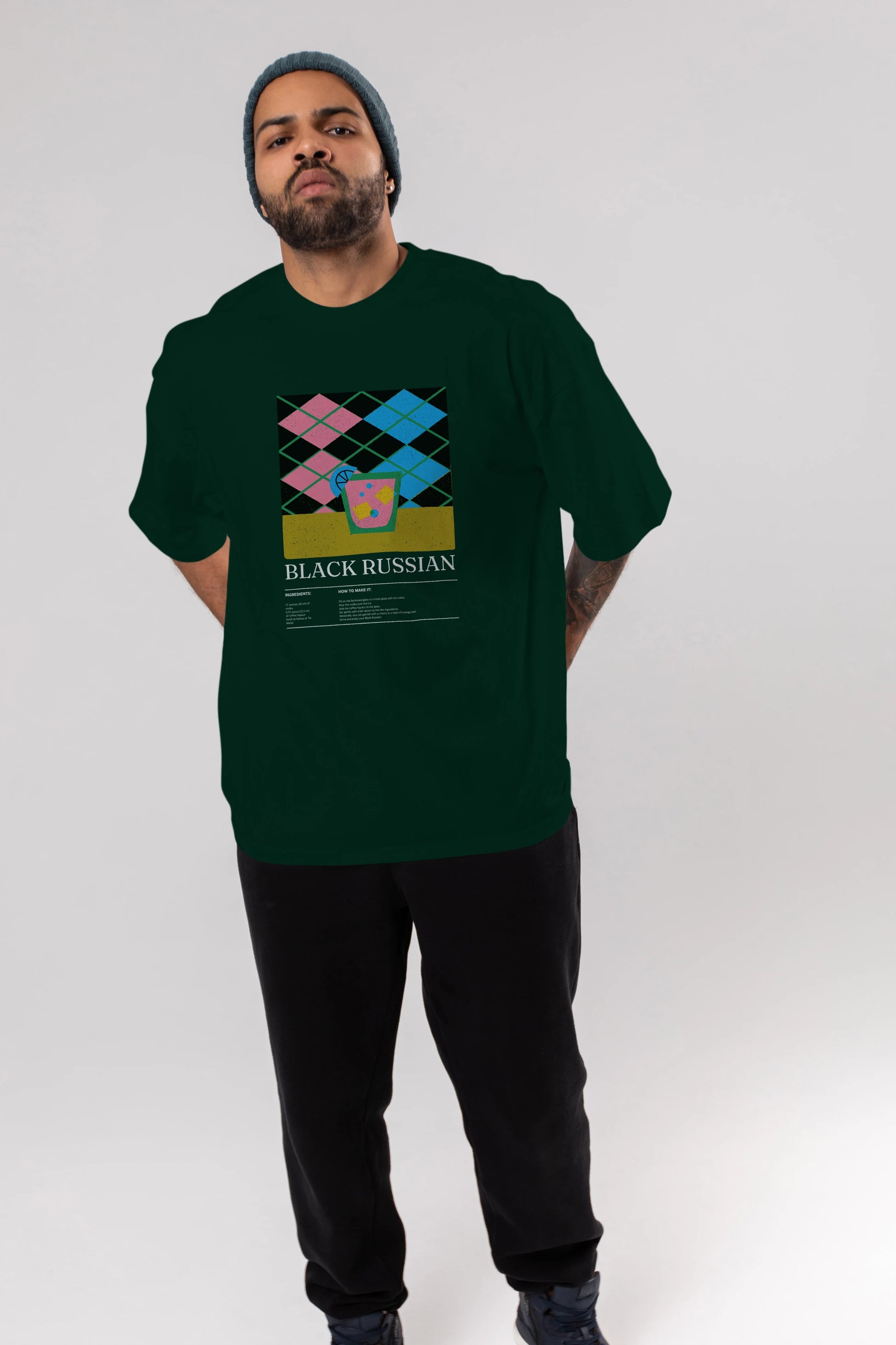 Black Russian Kokteyl Ön Baskılı Oversize t-shirt Erkek Kadın %100 Pamuk Bisiklet Yaka tişort