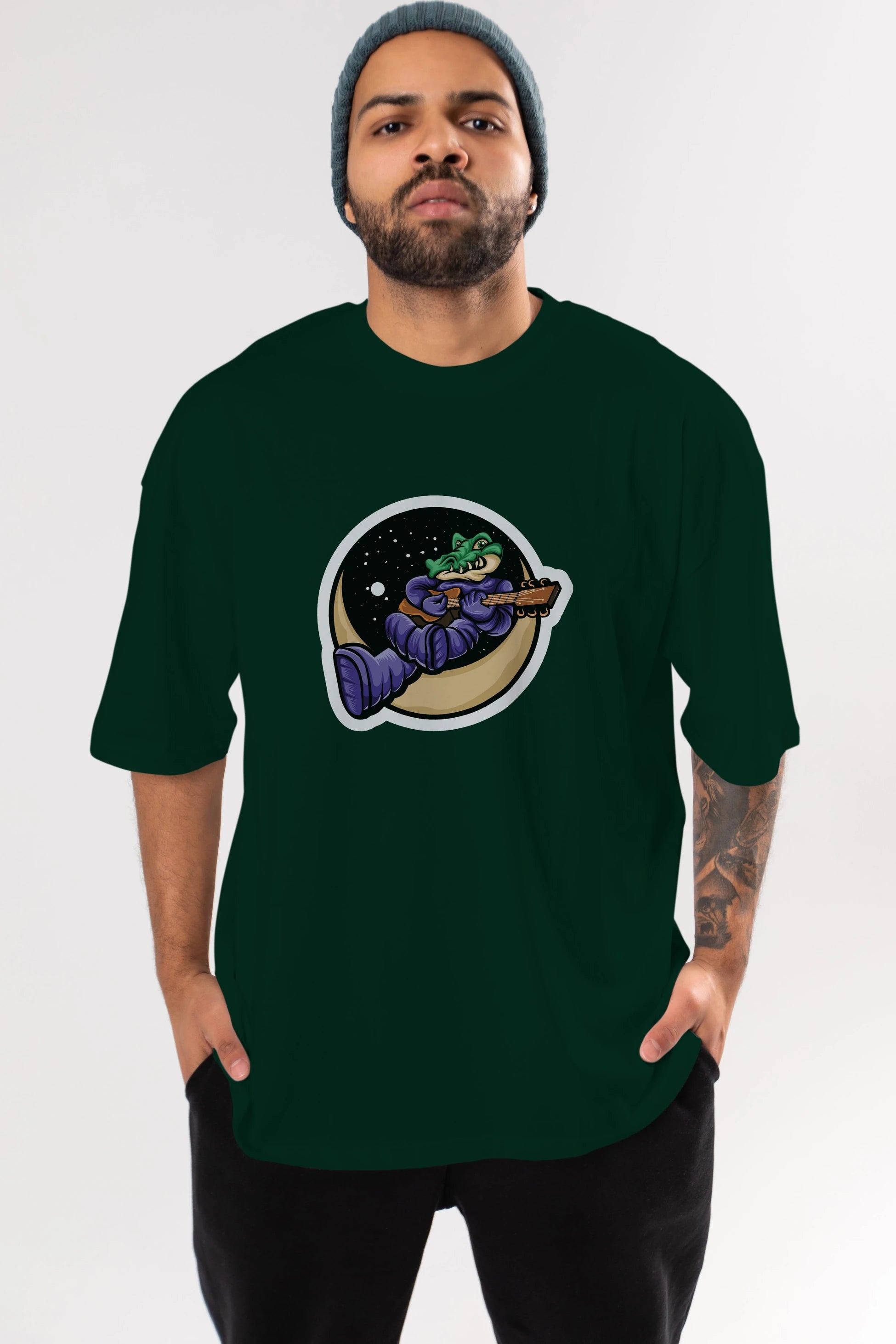 Space Crocodile Sticker Ön Baskılı Oversize t-shirt Erkek Kadın Unisex