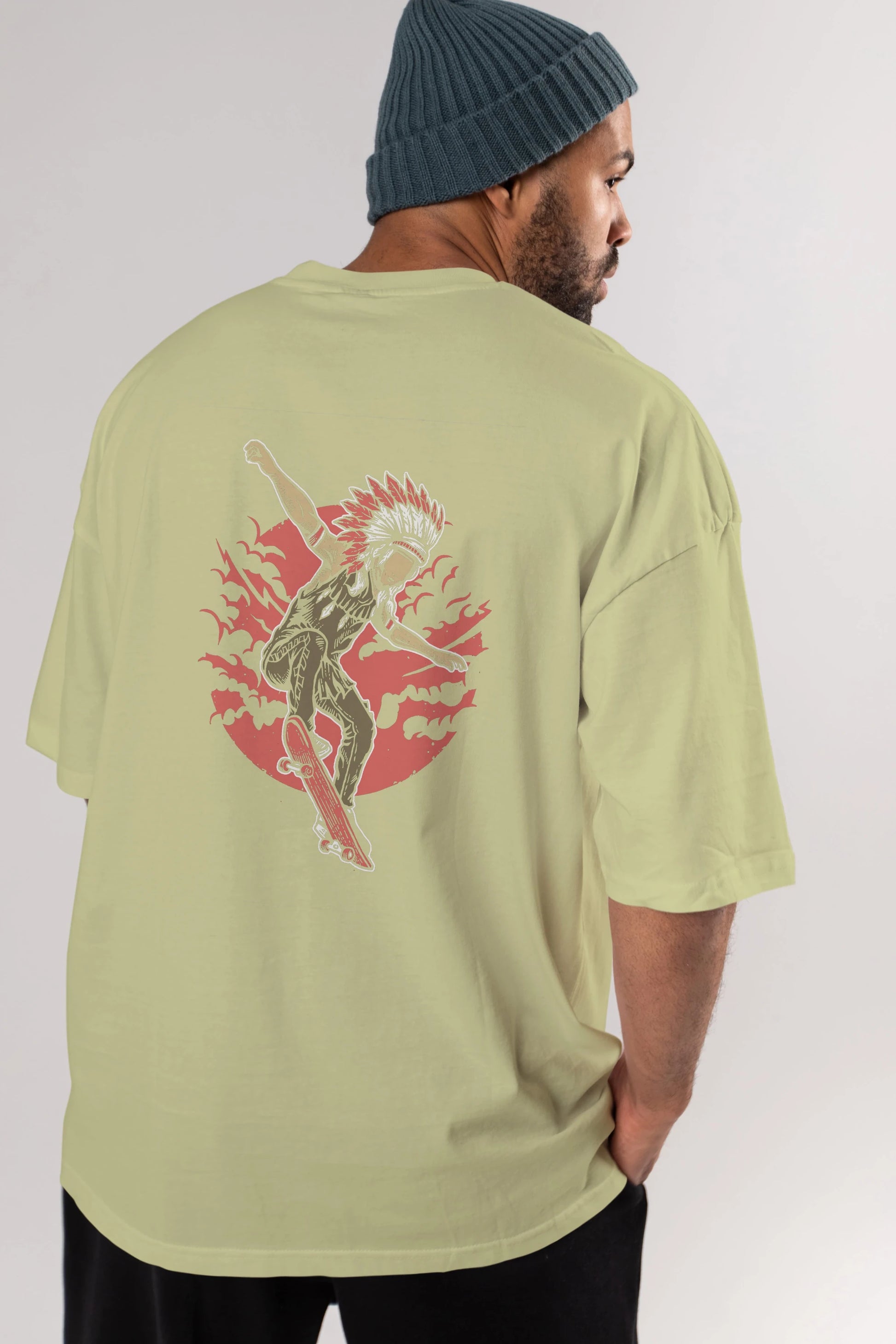 Indian Chief Skateboard Arka Baskılı Oversize t-shirt Erkek Kadın Unisex %100 Pamuk