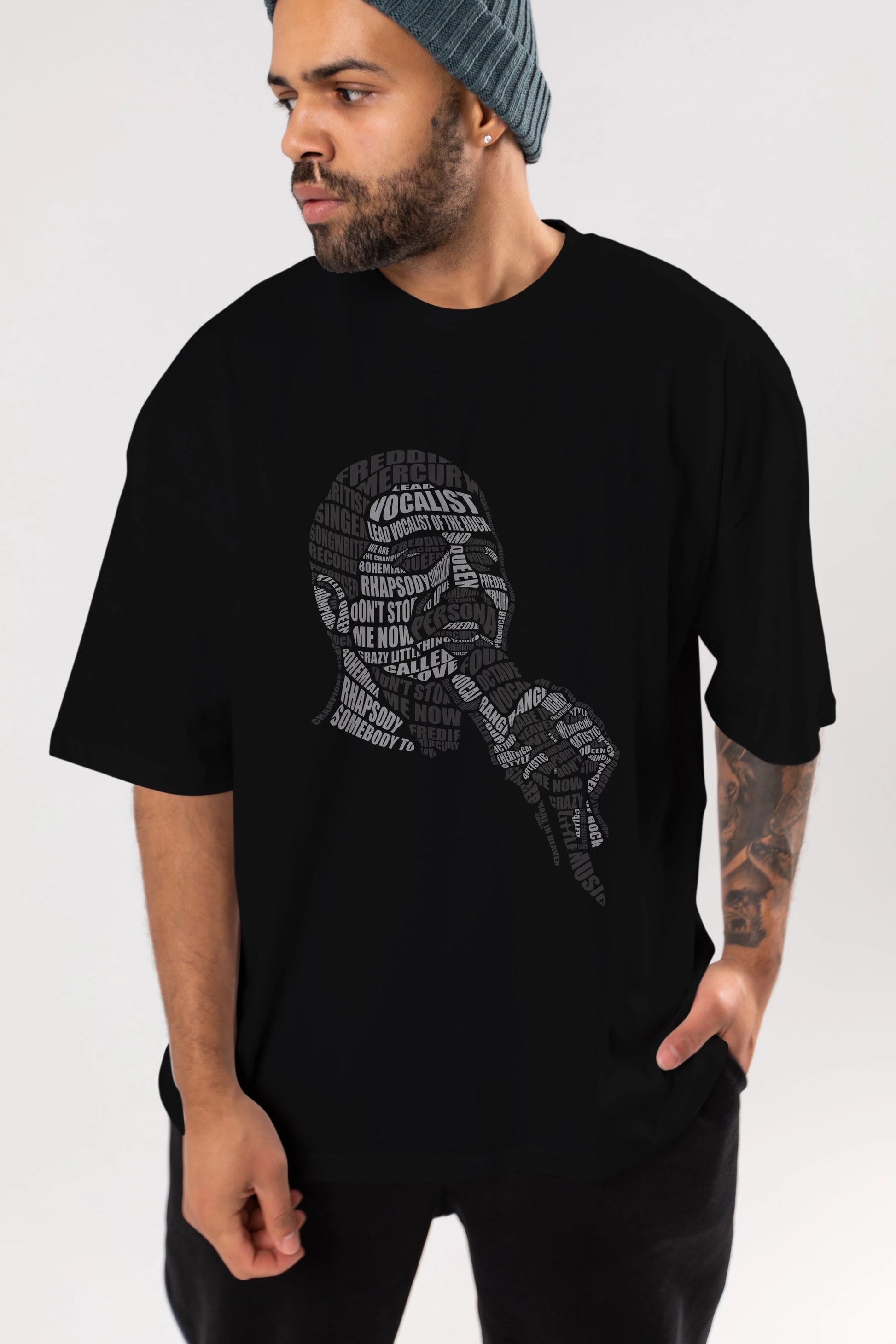 Freddy Mercuri Calligram Ön Baskılı Oversize t-shirt %100 pamuk Erkek Kadın Unisex