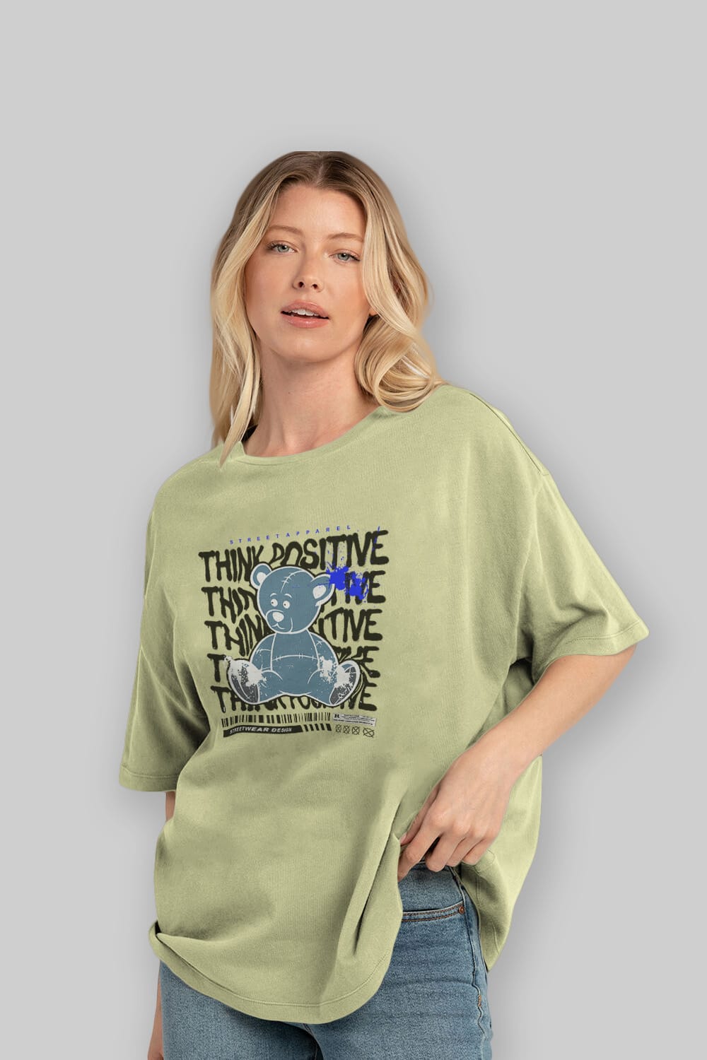 Teddy Bear Think Positive Ön Baskılı Oversize t-shirt Erkek Kadın Unisex