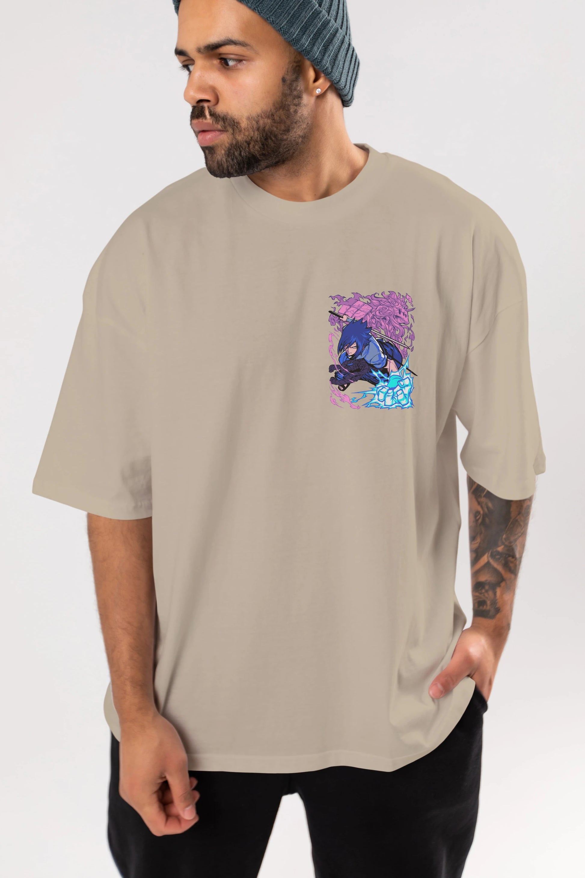 NARUTO SASUKE UCHIHA 2 Ön Sol Baskılı Oversize t-shirt Erkek Kadın Unisex %100 Pamuk Bisiklet Yaka tişort