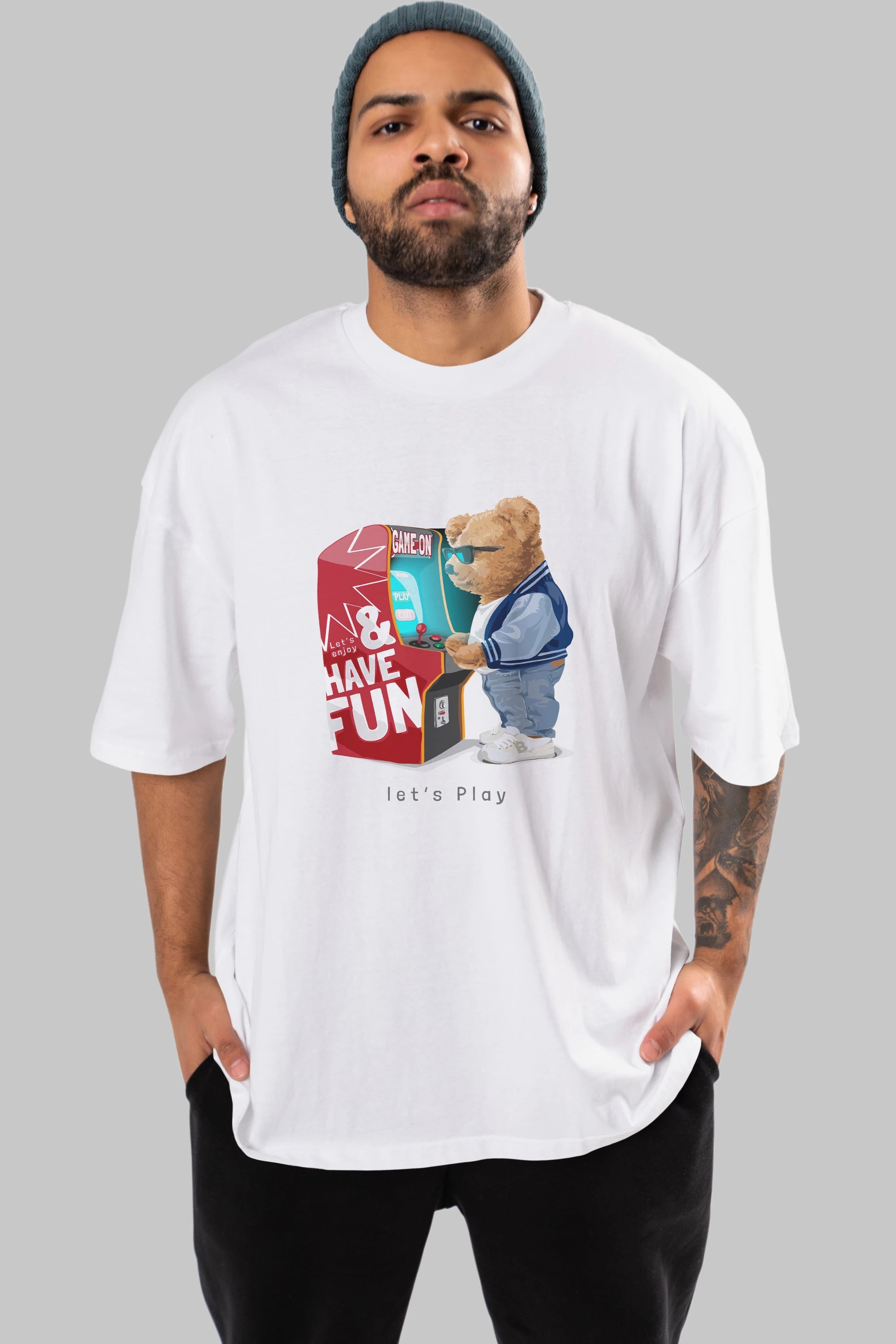 Teddy Bear Lets Play Ön Baskılı Oversize t-shirt Erkek Kadın Unisex %100 Pamuk