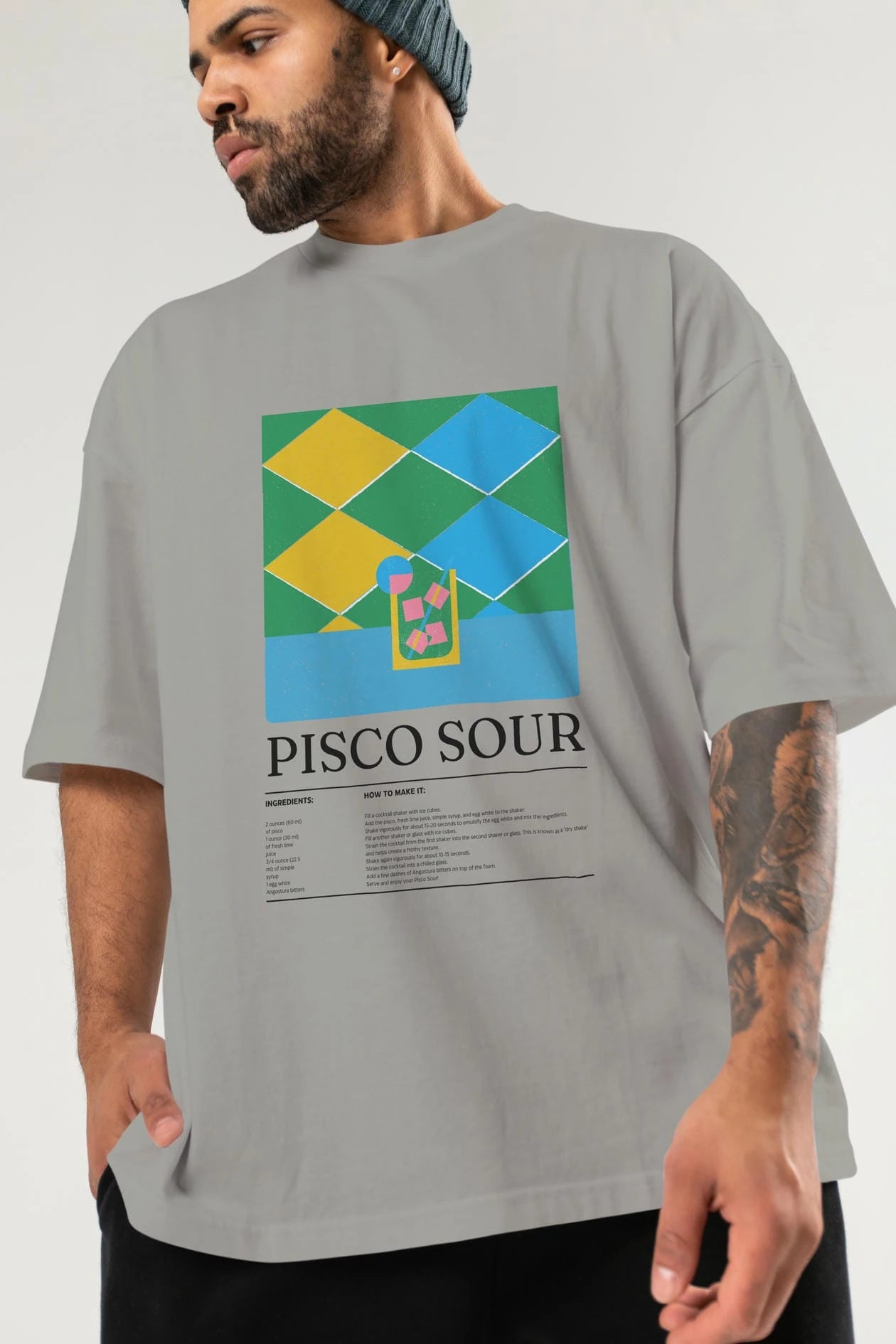 Pisco Sour Kokteyl Ön Baskılı Oversize t-shirt Erkek Kadın %100 Pamuk Bisiklet Yaka tişort
