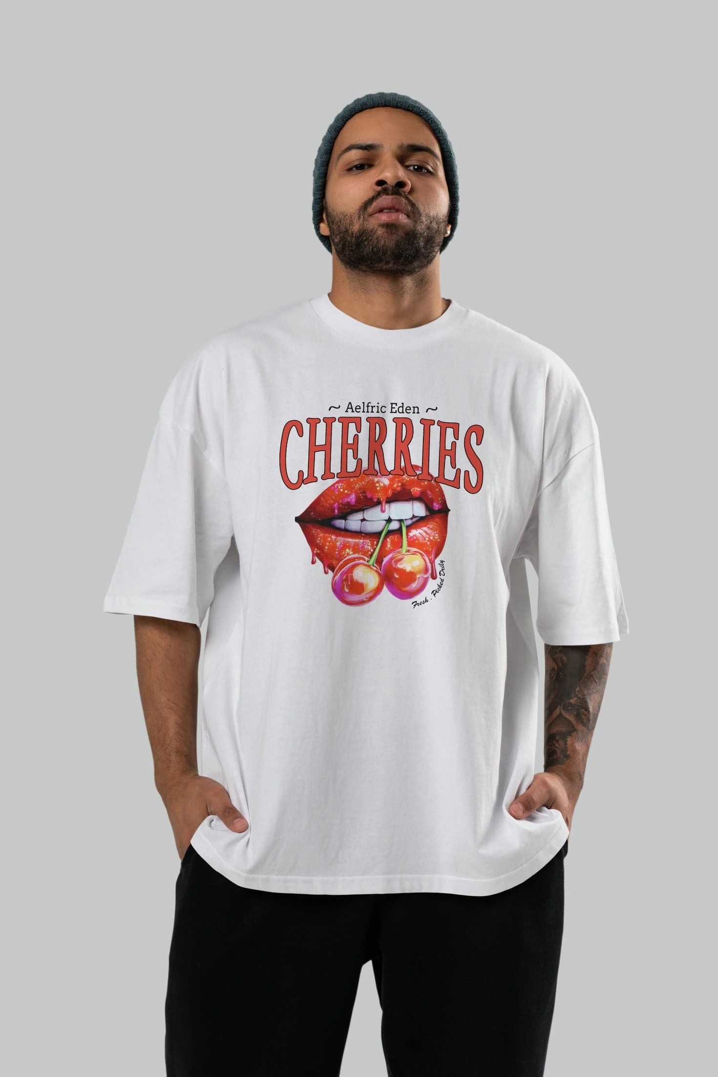 Cherry Cherries 3 Ön Baskılı Oversize t-shirt Erkek Kadın Pamuk Bisiklet Yaka tişort