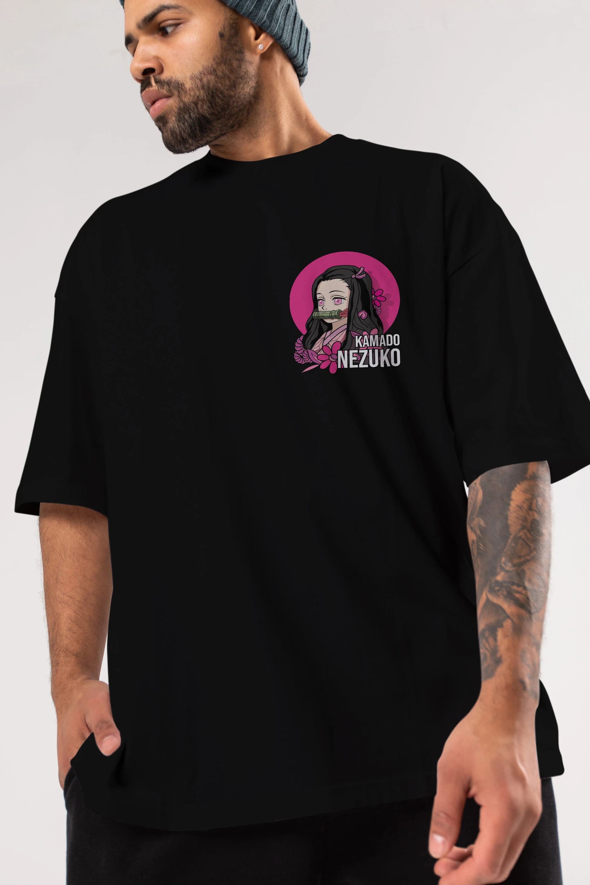 Nezuko Kamado 2 Ön Sol Baskılı Oversize t-shirt Erkek Kadın Unisex %100 Pamuk Bisiklet Yaka tişort