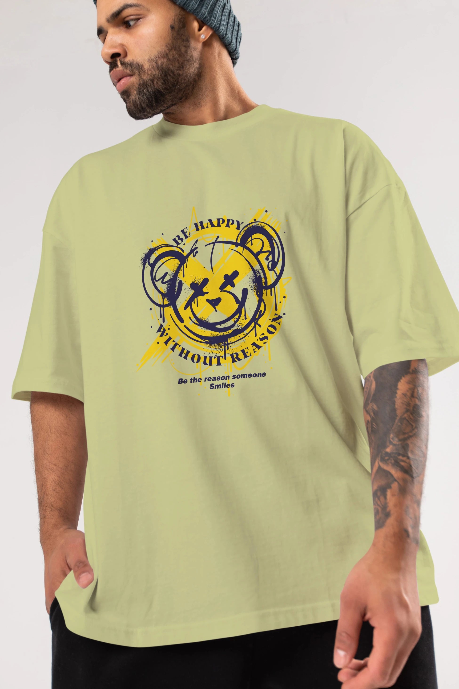 Be Happy Bear 2 Ön Baskılı Oversize t-shirt Erkek Kadın Unisex