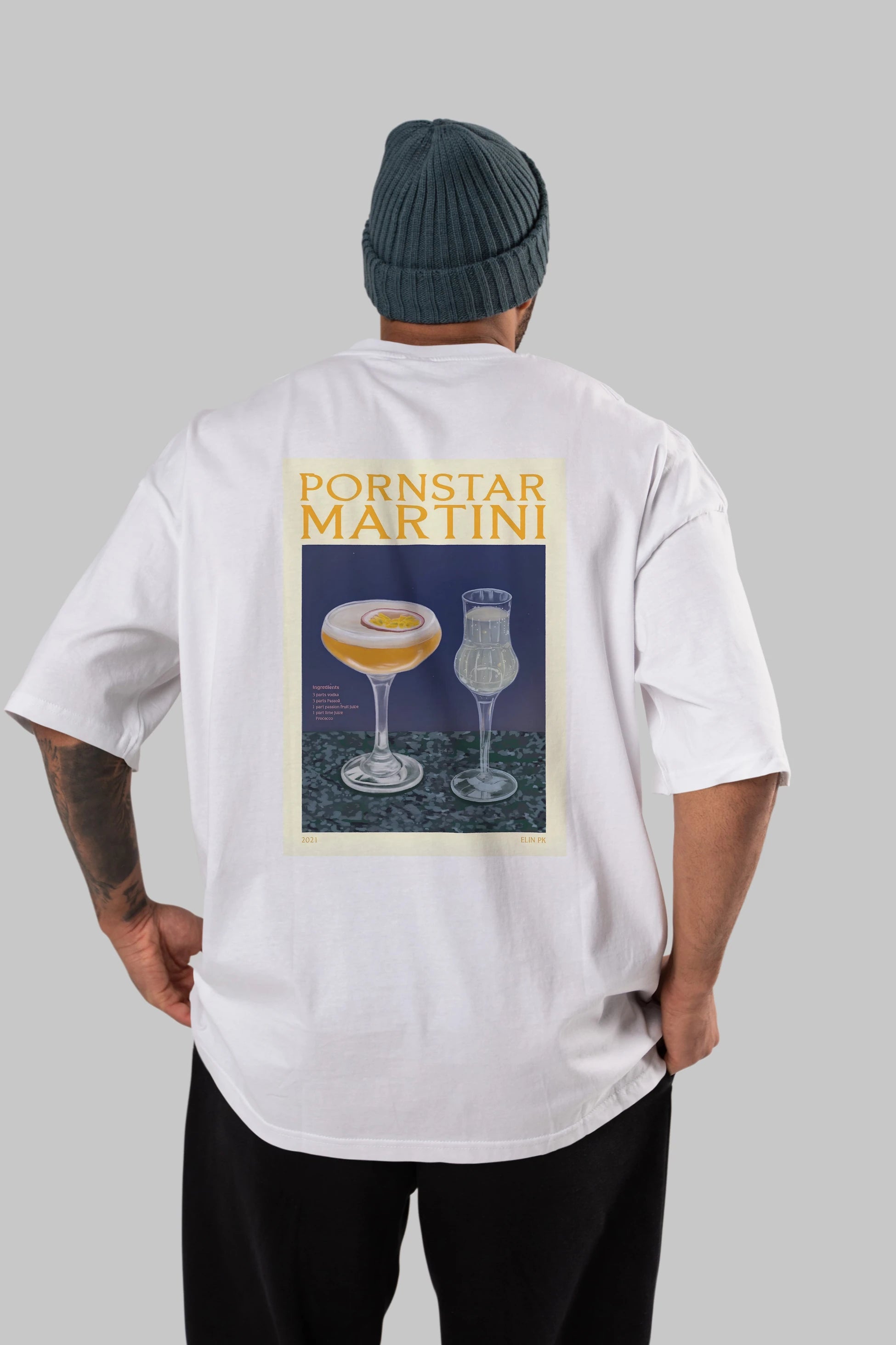 P.rnstar Martini Arka Baskılı Oversize t-shirt Erkek Kadın Unisex %100 Pamuk Bisiklet Yaka tişort