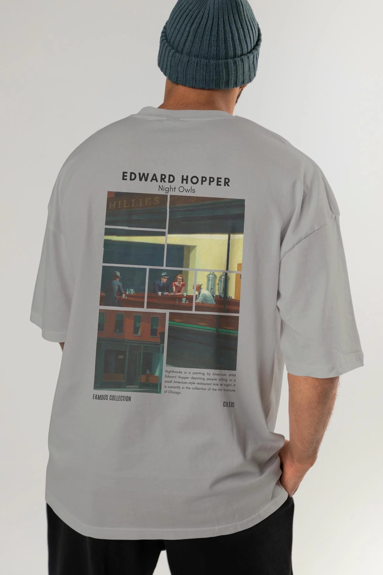Edward Hopper Night Owls Arka Baskılı Oversize t-shirt Erkek Kadın Bisiklet Yaka Pamuk tişort
