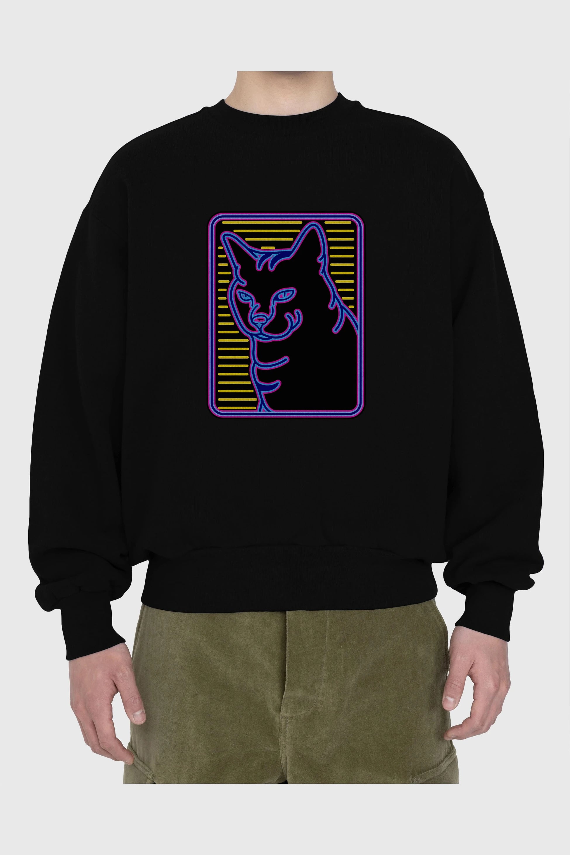 Neon Cat Ön Baskılı Oversize Sweatshirt Erkek Kadın Unisex