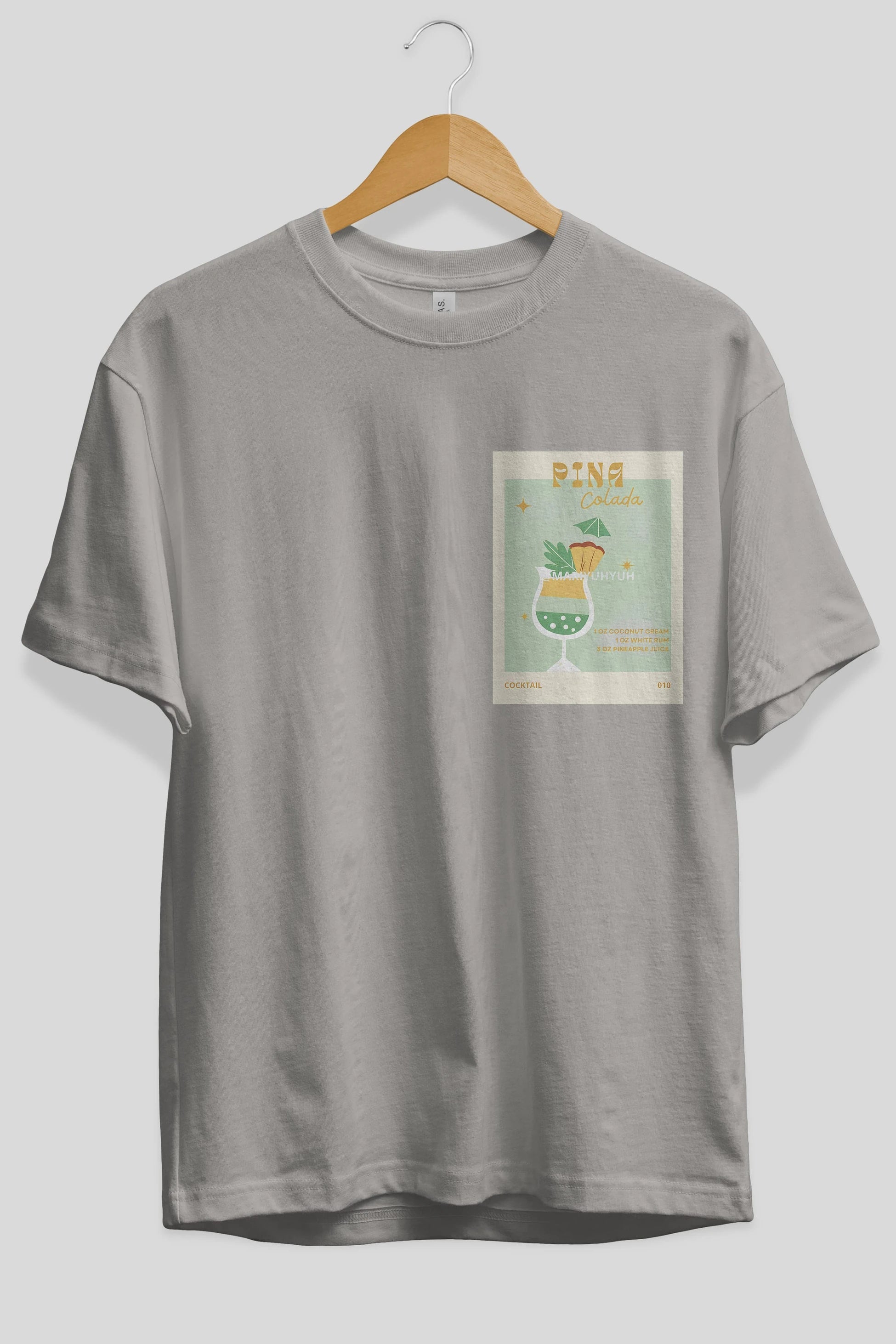Pina Colada Ön Sol Baskılı Oversize t-shirt Erkek Kadın Unisex %100 Pamuk Bisiklet Yaka tişort