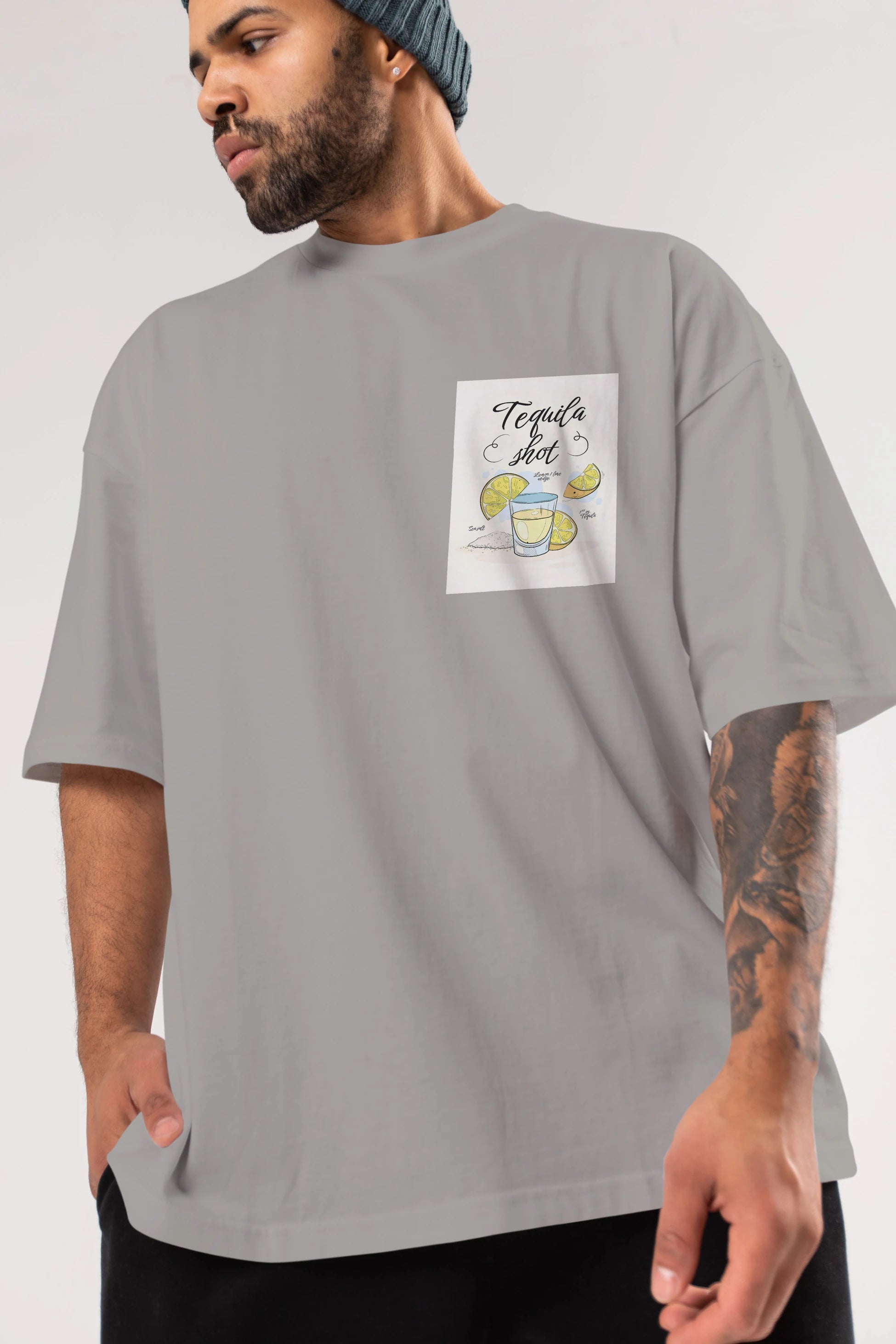 Tequila Shot Ön Sol Baskılı Oversize t-shirt Erkek Kadın Unisex %100 Pamuk Bisiklet Yaka tişort