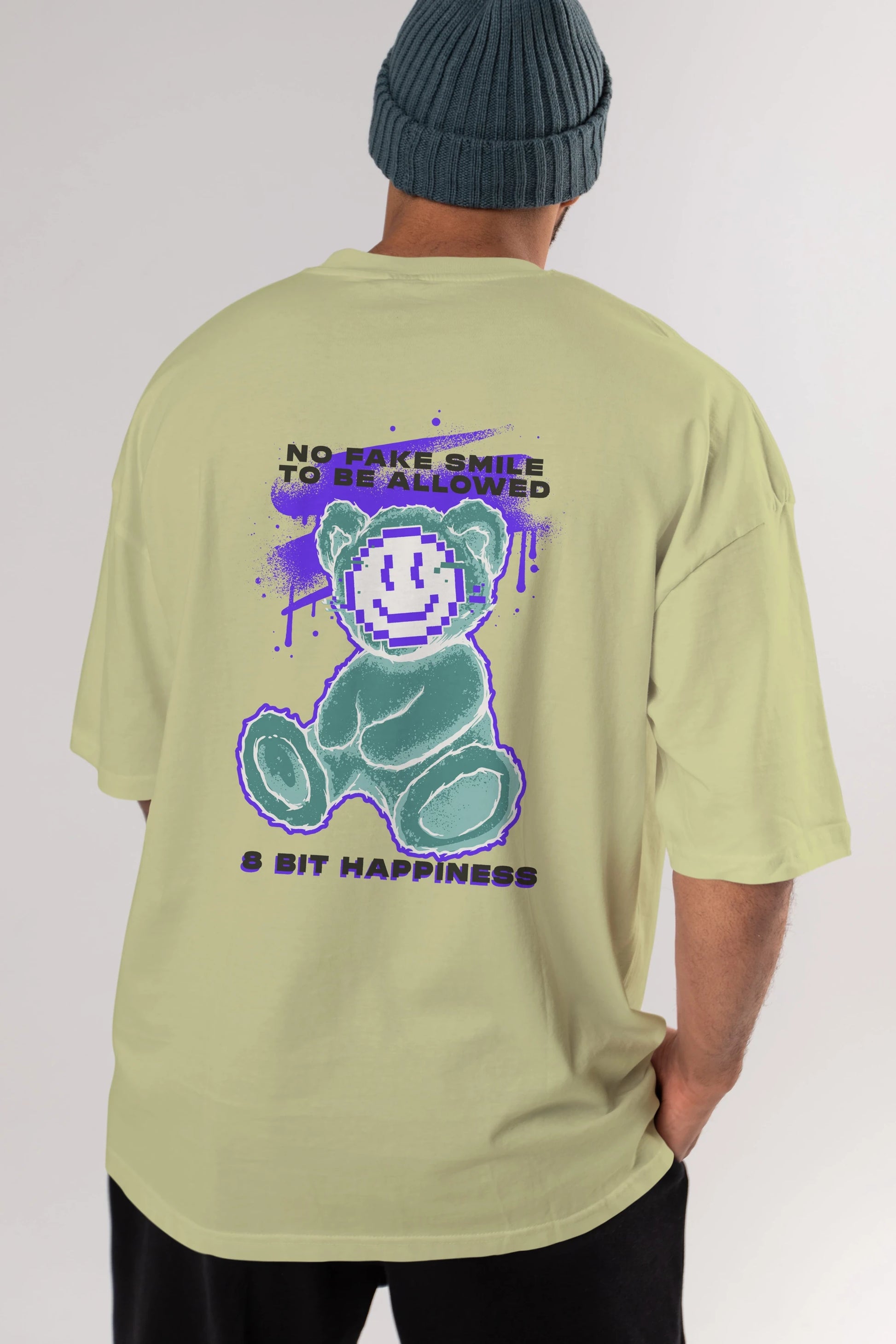 No Fake Smile Bear Arka Baskılı Oversize t-shirt Erkek Kadın Unisex