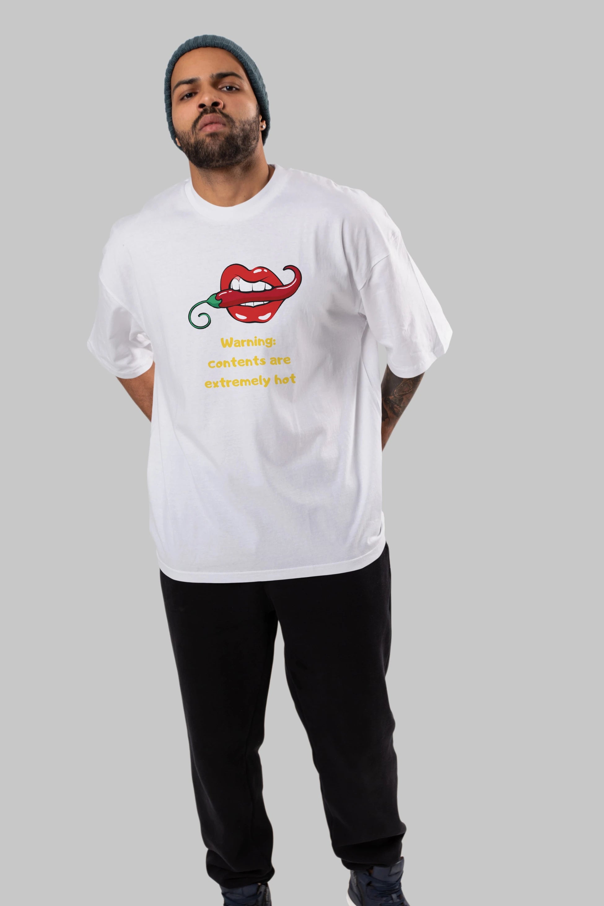 Warning Contents Yazılı Ön Baskılı Oversize t-shirt Erkek Kadın Unisex