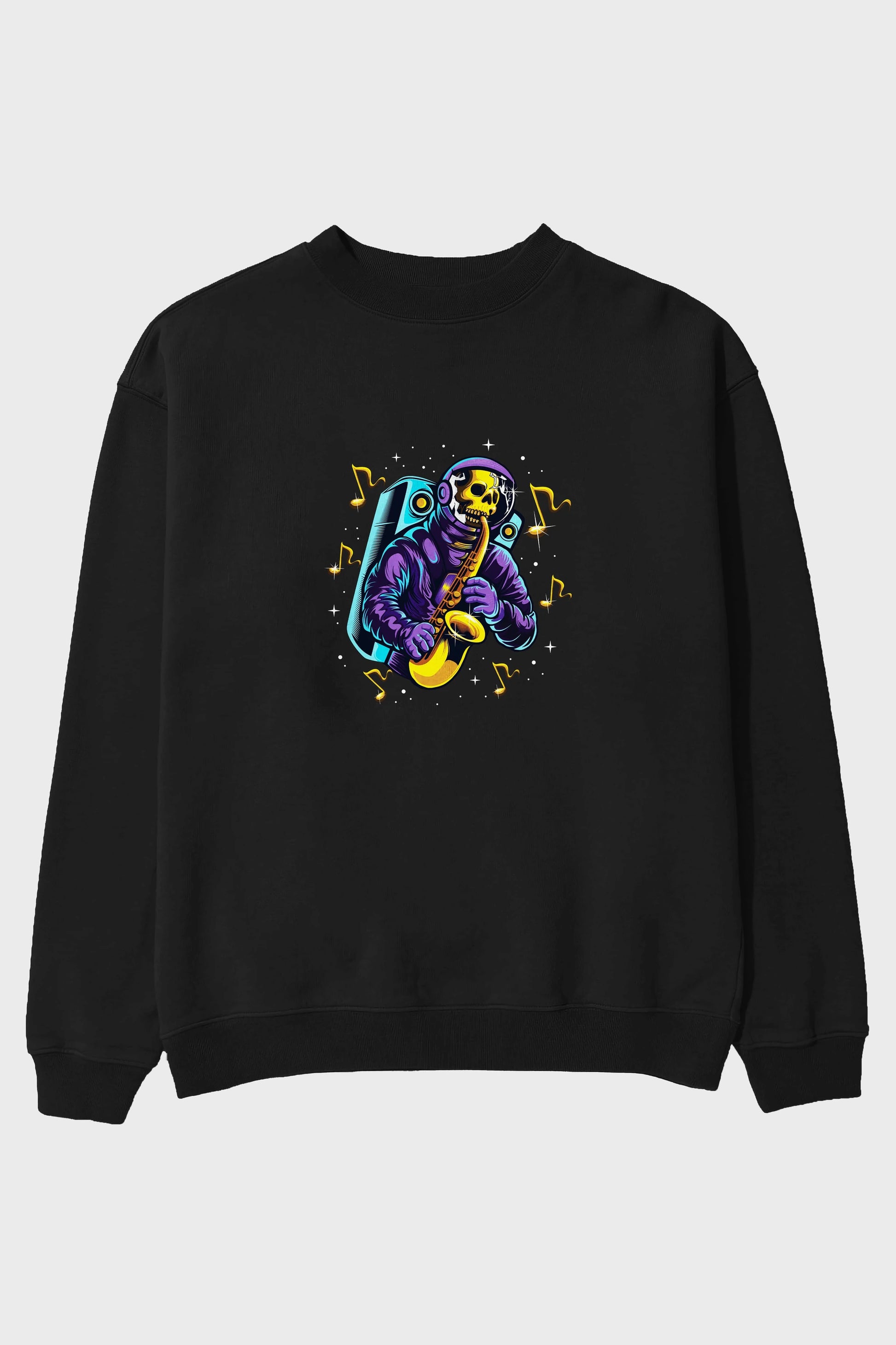 Astroskull Saxophonist Ön Baskılı Oversize Sweatshirt Erkek Kadın Unisex