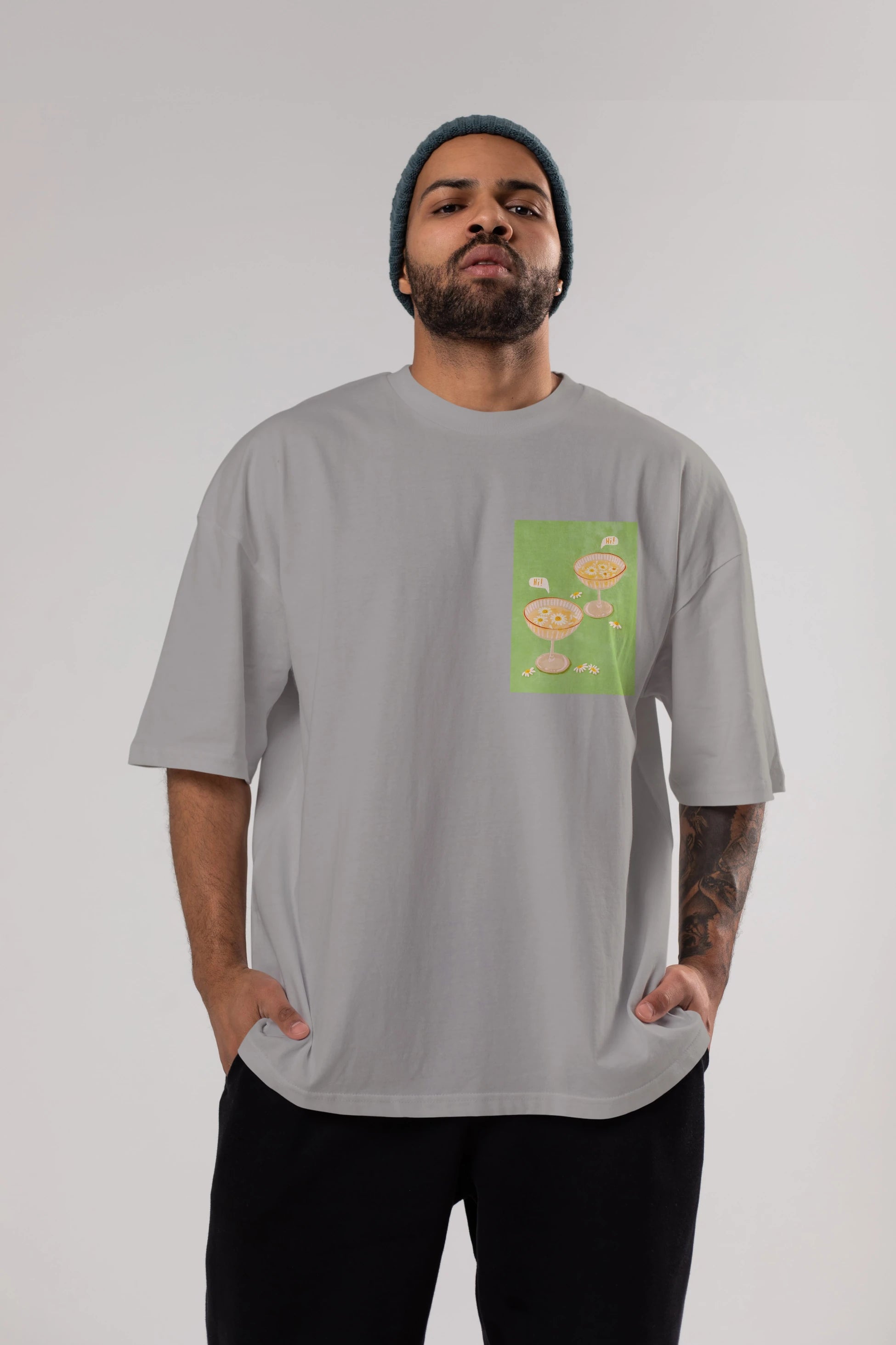 Hi Cheers Ön Sol Baskılı Oversize t-shirt Erkek Kadın Unisex %100 Pamuk Bisiklet Yaka tişort