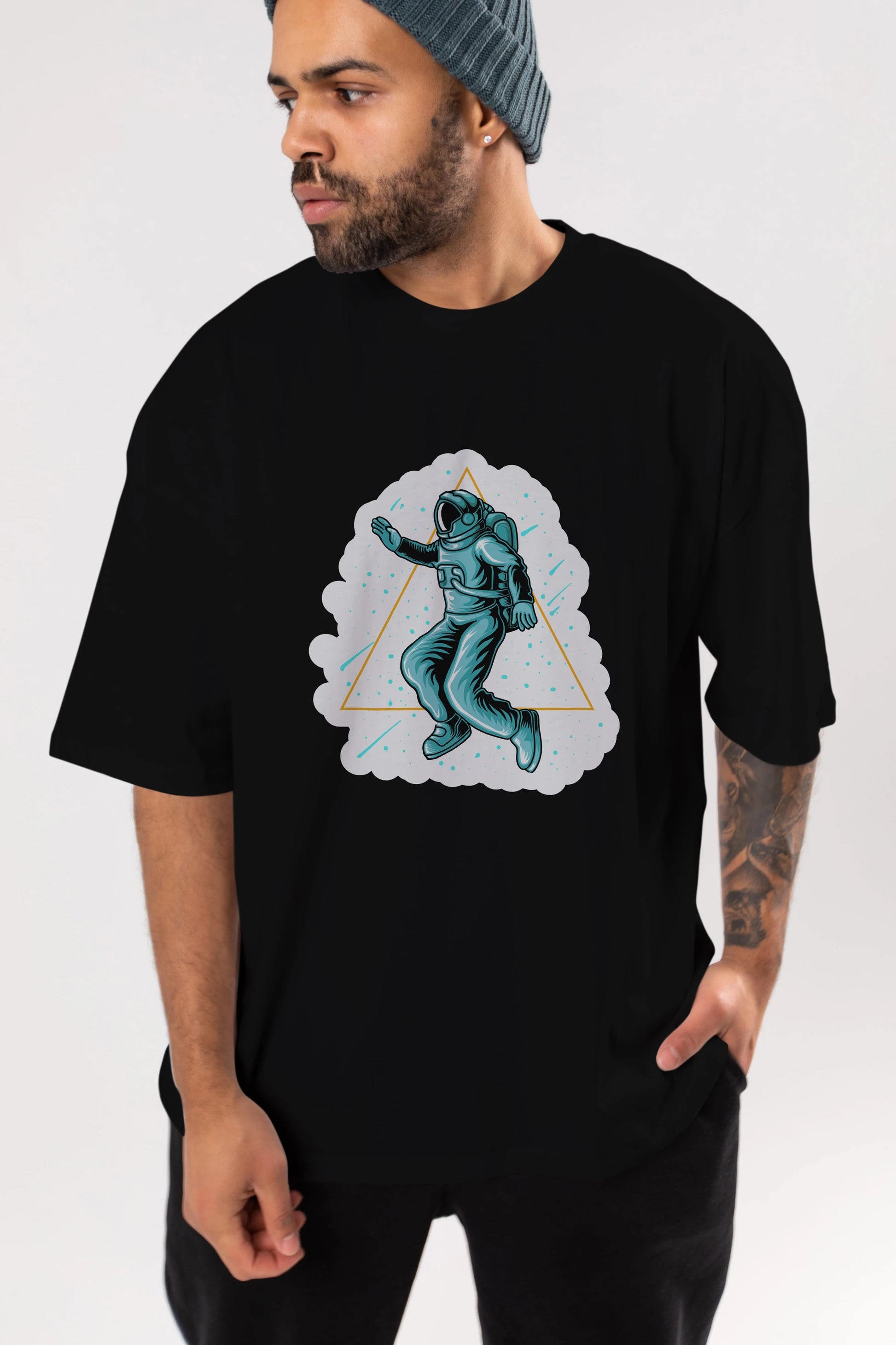 Astronaut Starry Triangle Sticker Ön Baskılı Oversize t-shirt Erkek Kadın Unisex