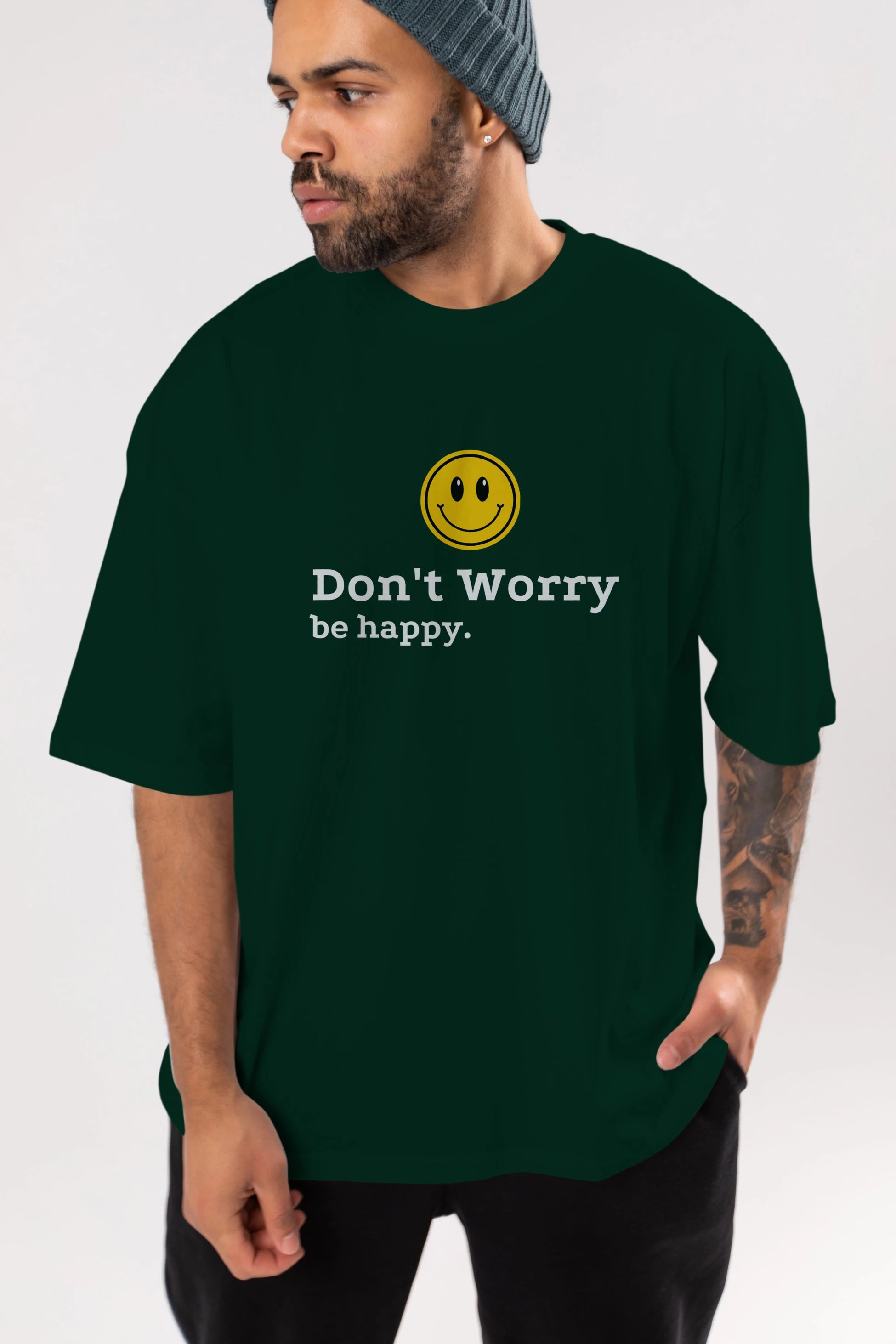 Don't Worry Be Happy Yazılı Ön Baskılı Oversize t-shirt Erkek Kadın Unisex