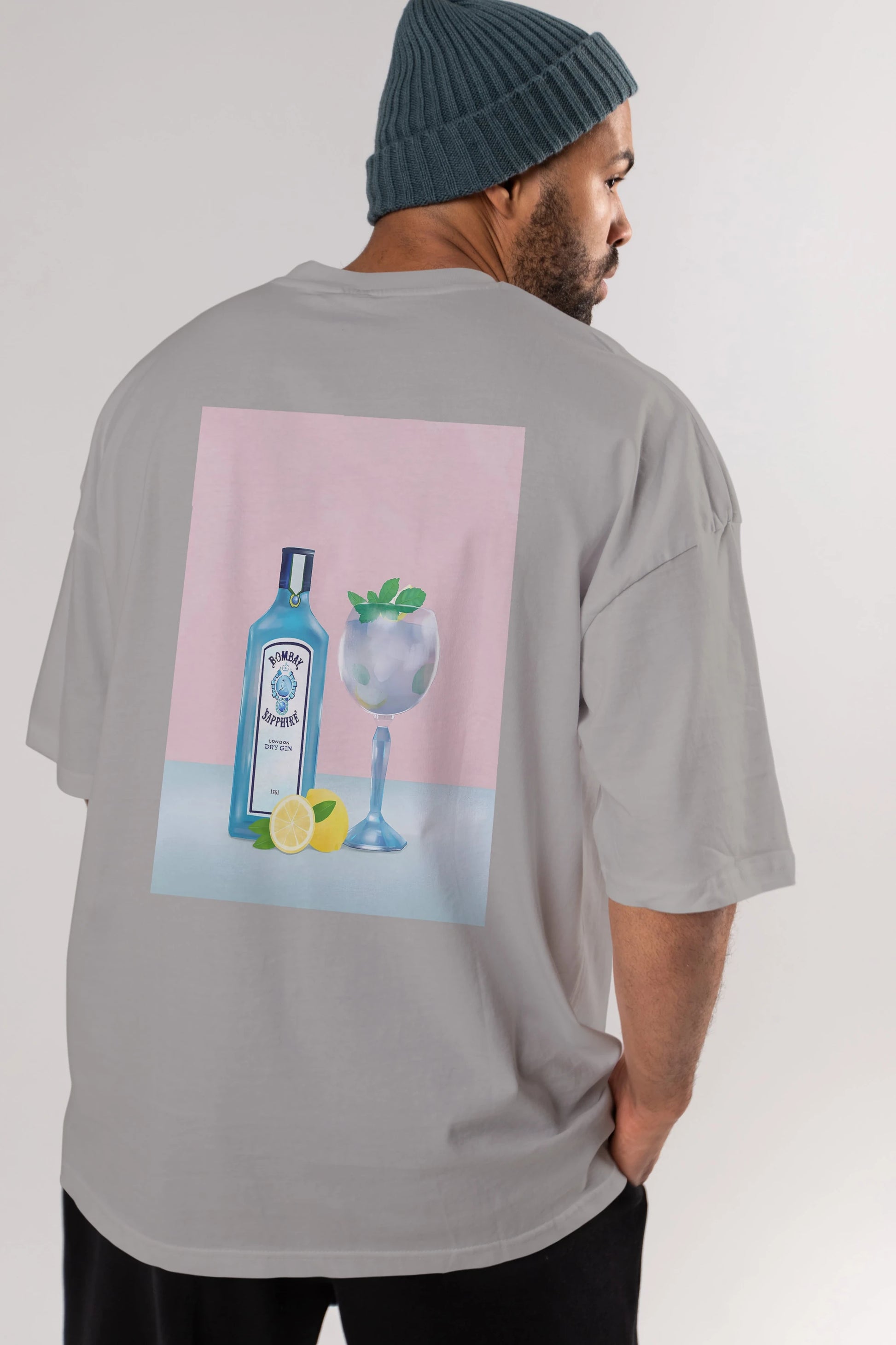 Bombay Sapphire Dry Gin Arka Baskılı Oversize t-shirt Erkek Kadın Unisex %100 Pamuk Bisiklet Yaka tişort