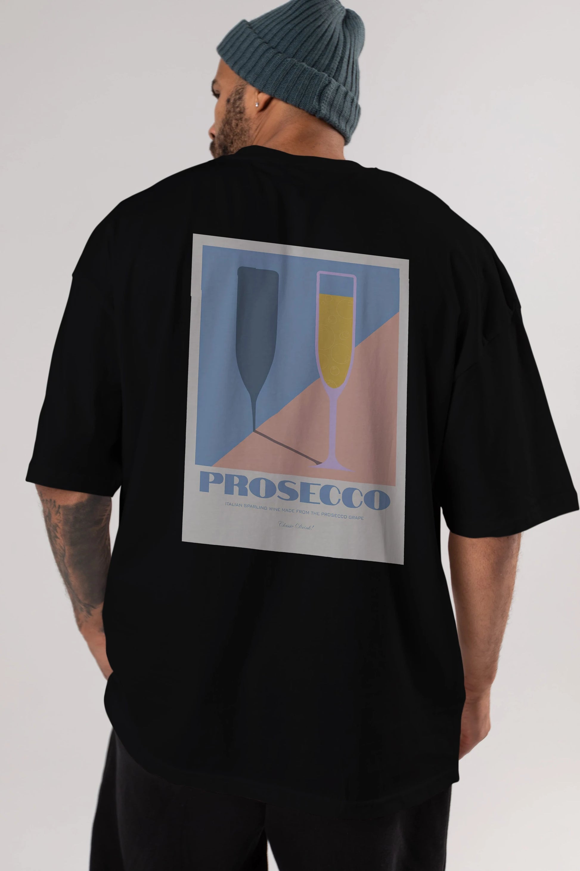 Prosecco Arka Baskılı Oversize t-shirt Erkek Kadın Unisex %100 Pamuk Bisiklet Yaka tişort