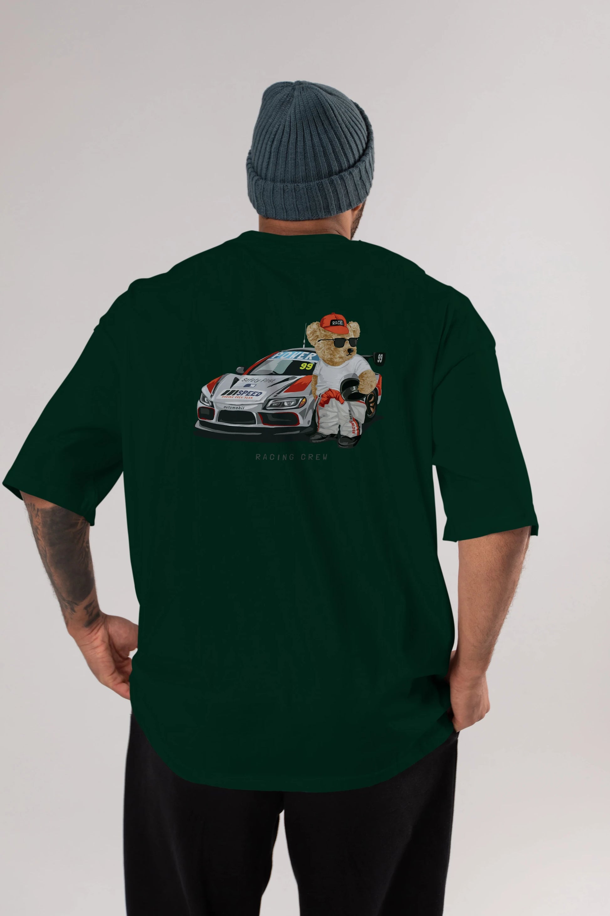 Teddy Bear Racing Crew Arka Baskılı Oversize t-shirt Erkek Kadın Unisex %100 Pamuk