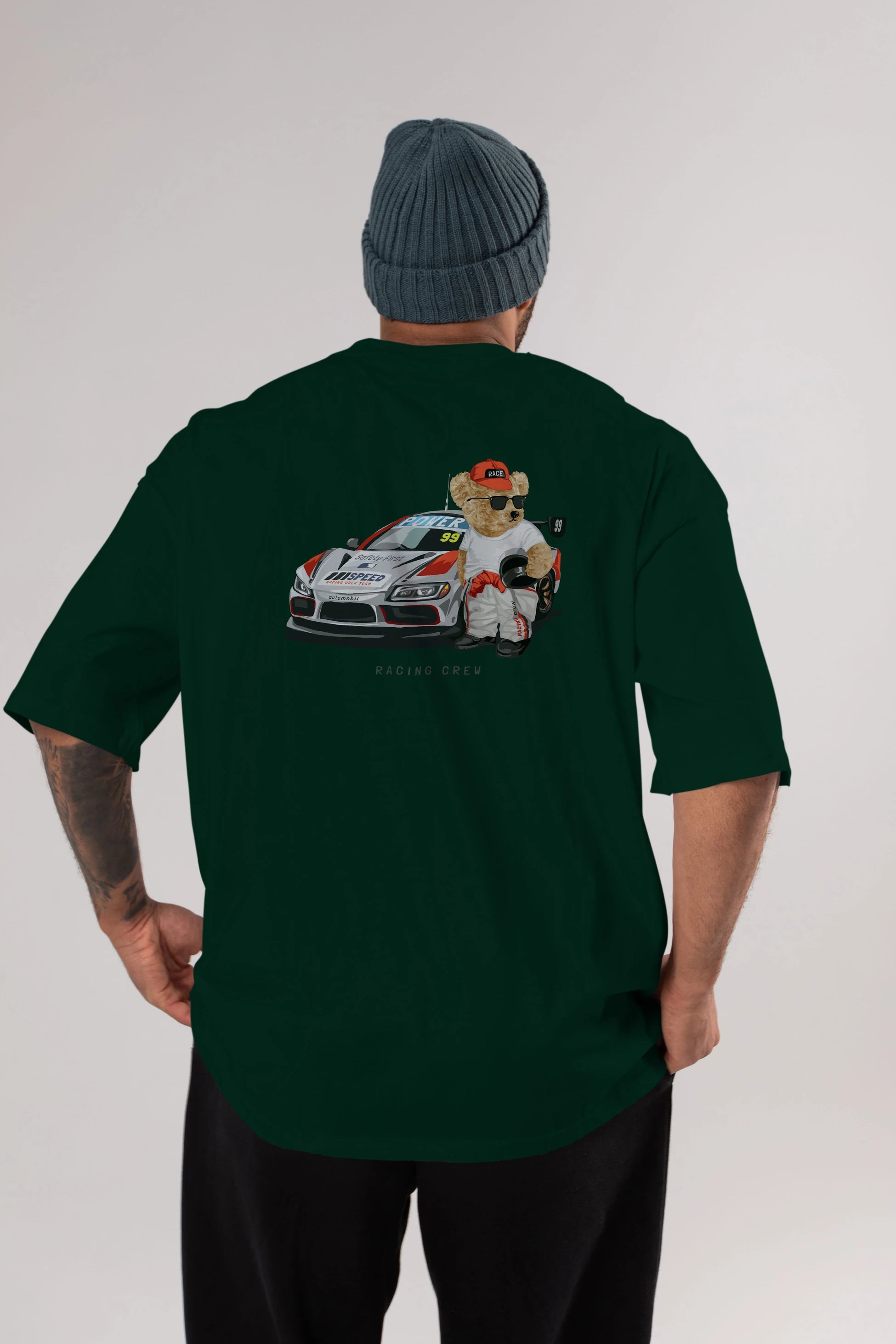 Teddy Bear Racing Crew Arka Baskılı Oversize t-shirt Erkek Kadın Unisex %100 Pamuk