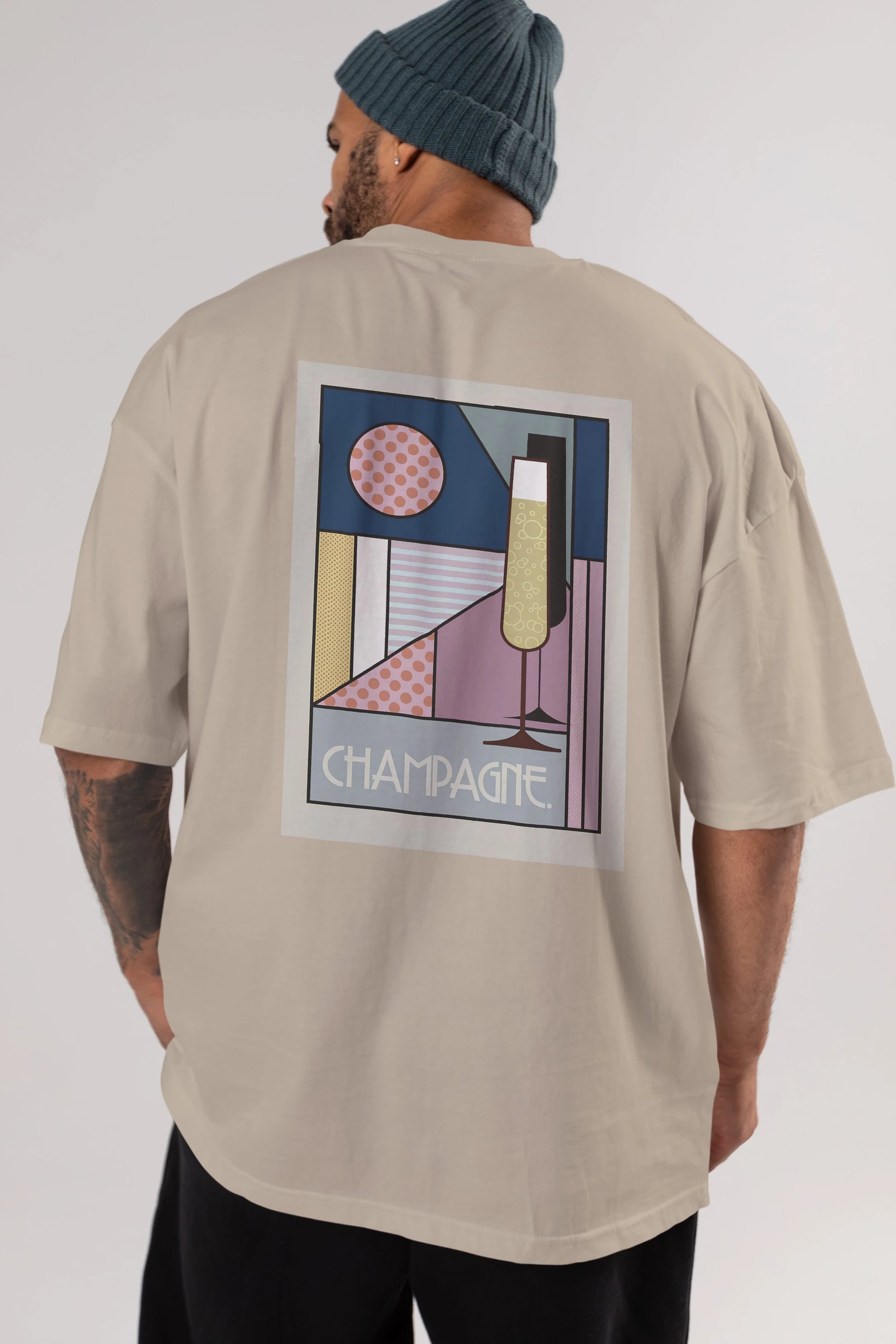 Champagne Arka Baskılı Oversize t-shirt Erkek Kadın Unisex %100 Pamuk Bisiklet Yaka tişort