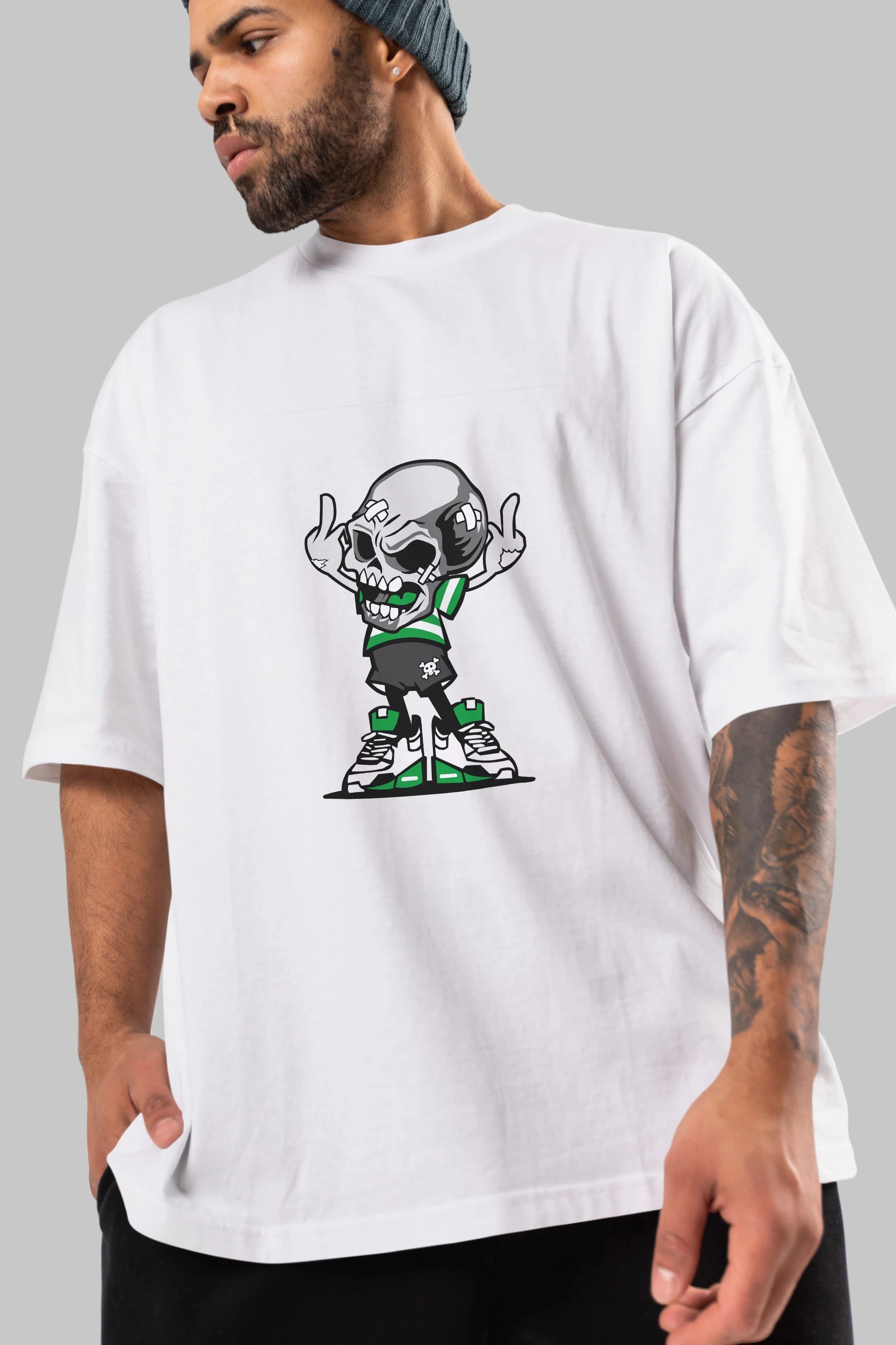 Skull F Hand Ön Baskılı Oversize t-shirt Erkek Kadın Unisex %100 Pamuk tişort