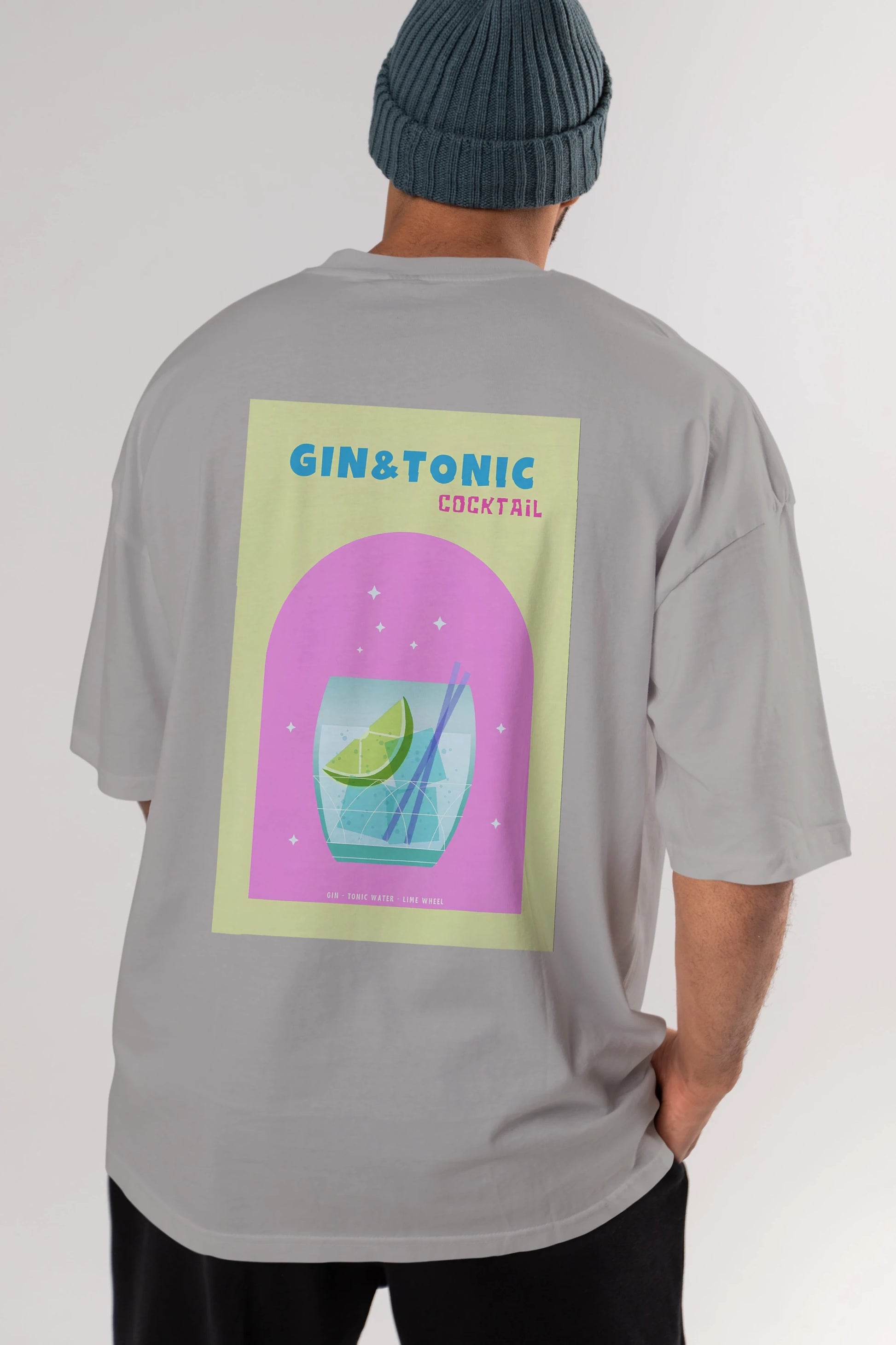 Gin Tonic Cocktail Arka Baskılı Oversize t-shirt Erkek Kadın Unisex %100 Pamuk Bisiklet Yaka tişort
