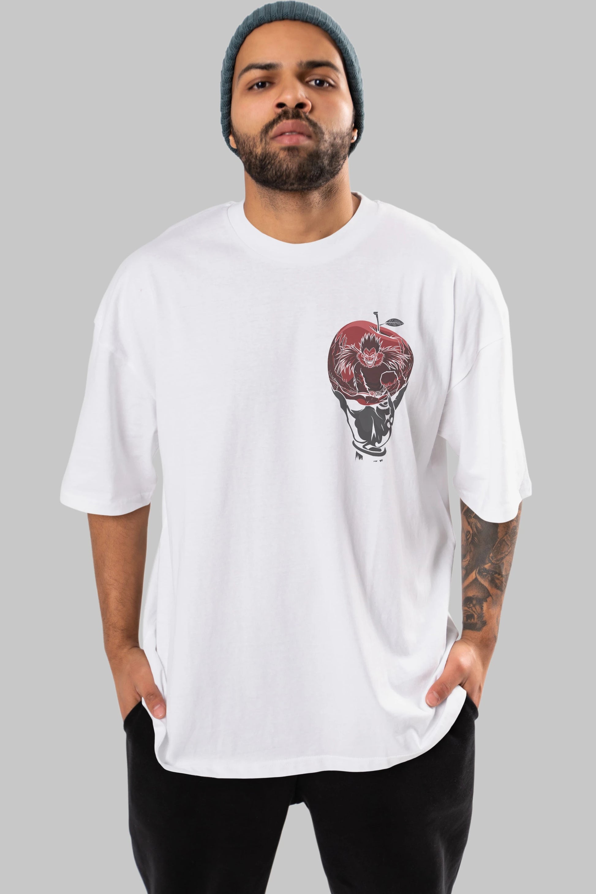 DEATH NOTE -RYUK Ön Sol Baskılı Oversize t-shirt Erkek Kadın Unisex %100 Pamuk Bisiklet Yaka tişort