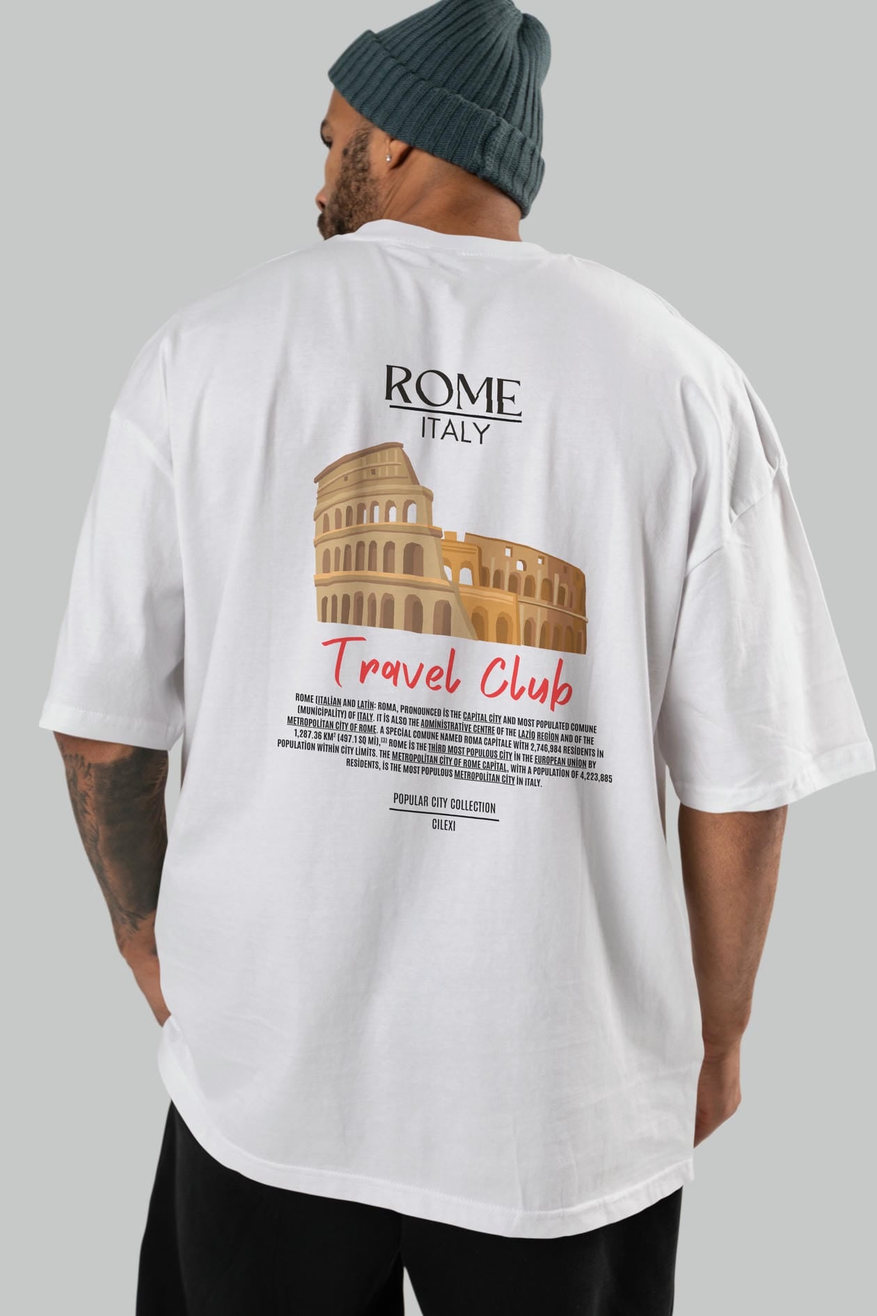 Roma İtaly Arka Baskılı Oversize t-shirt Erkek Kadın Pamuk Bisiklet Yaka tişort