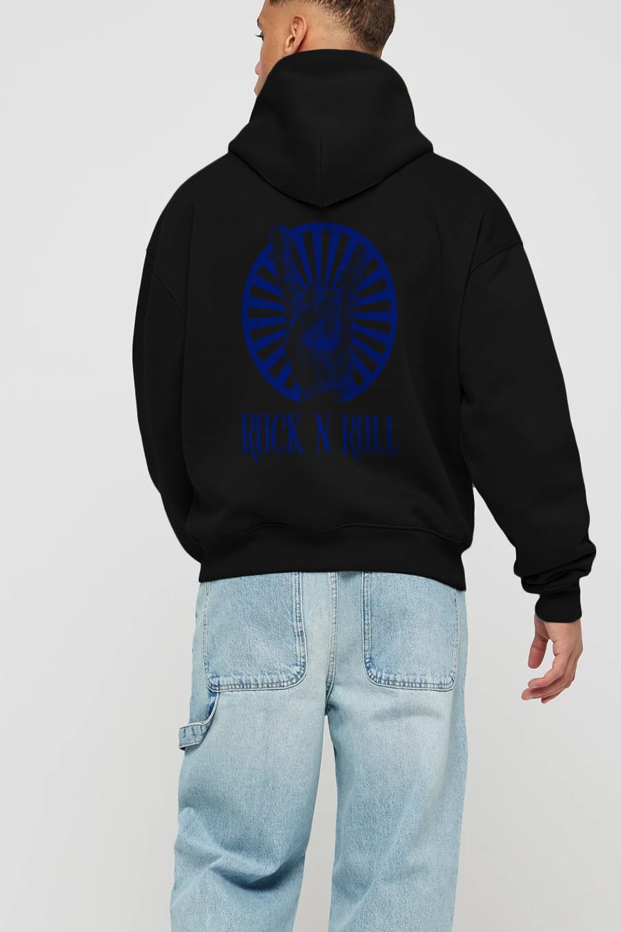 Rock N Roll Yazılı Arka Baskılı Oversize Hoodie Kapüşonlu Sweatshirt Erkek Kadın Unisex