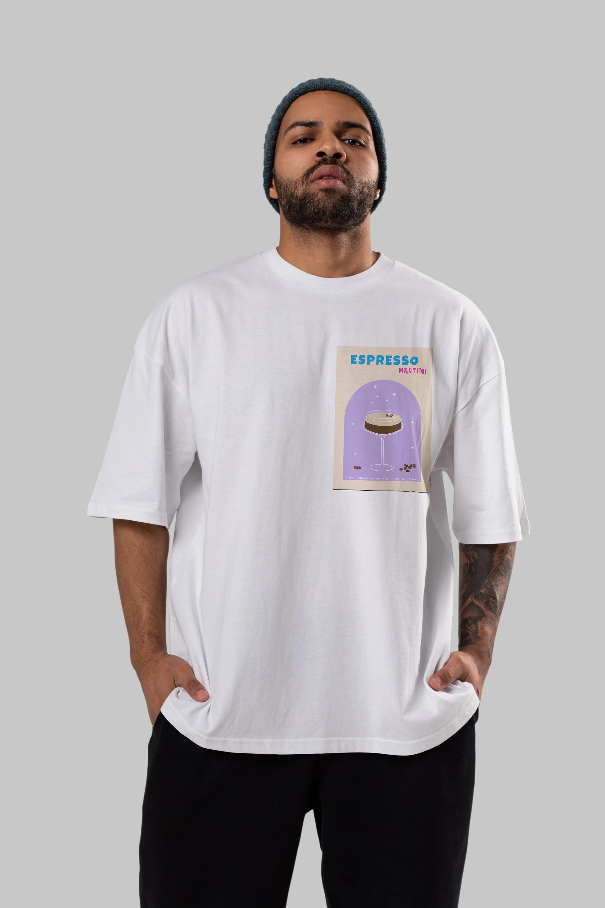 Espresso Martini 5 Ön Sol Baskılı Oversize t-shirt Erkek Kadın Unisex %100 Pamuk Bisiklet Yaka tişort