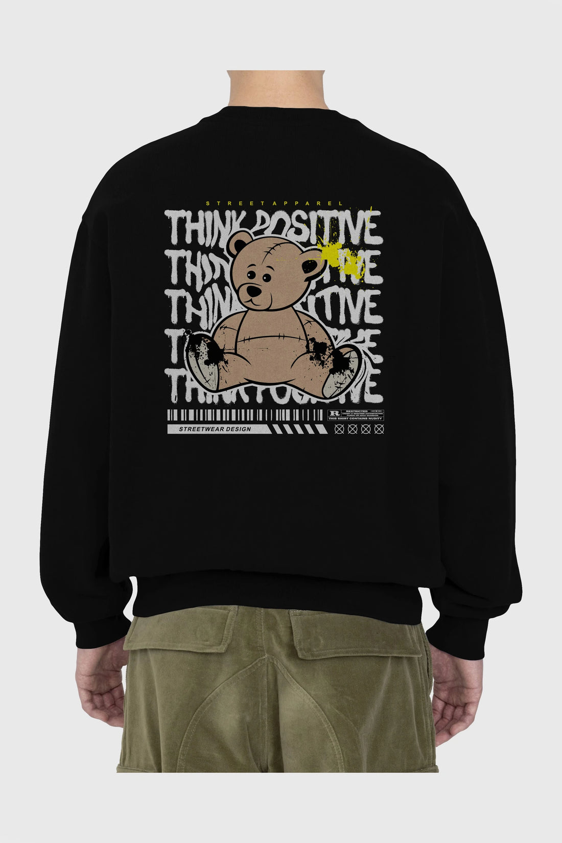 Teddy Bear Think Positive Arka Baskılı Oversize Sweatshirt Erkek Kadın Unisex