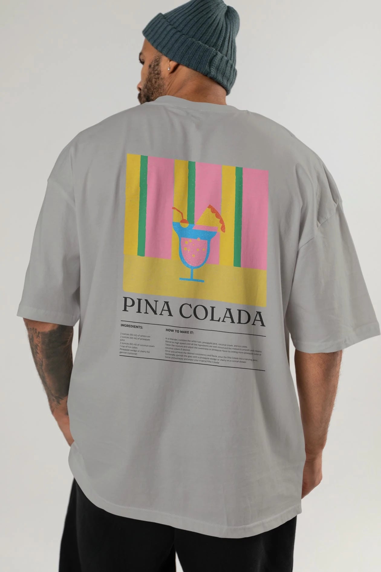 Pina Colada Kokteyl Serisi Arka Baskılı Oversize t-shirt Erkek Kadın %100 Pamuk Bisiklet Yaka tişort