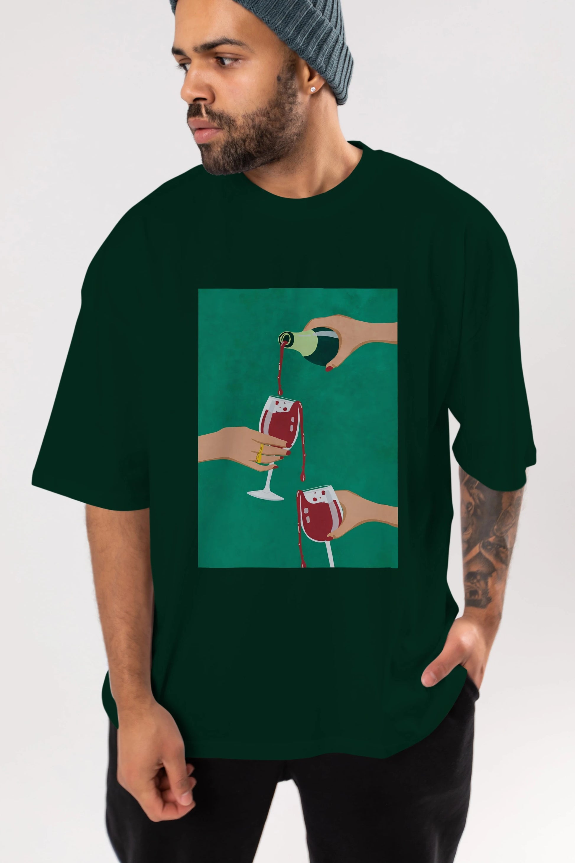 Wine 2 Ön Baskılı Oversize t-shirt Erkek Kadın Unisex %100 Pamuk Bisiklet Yaka tişort