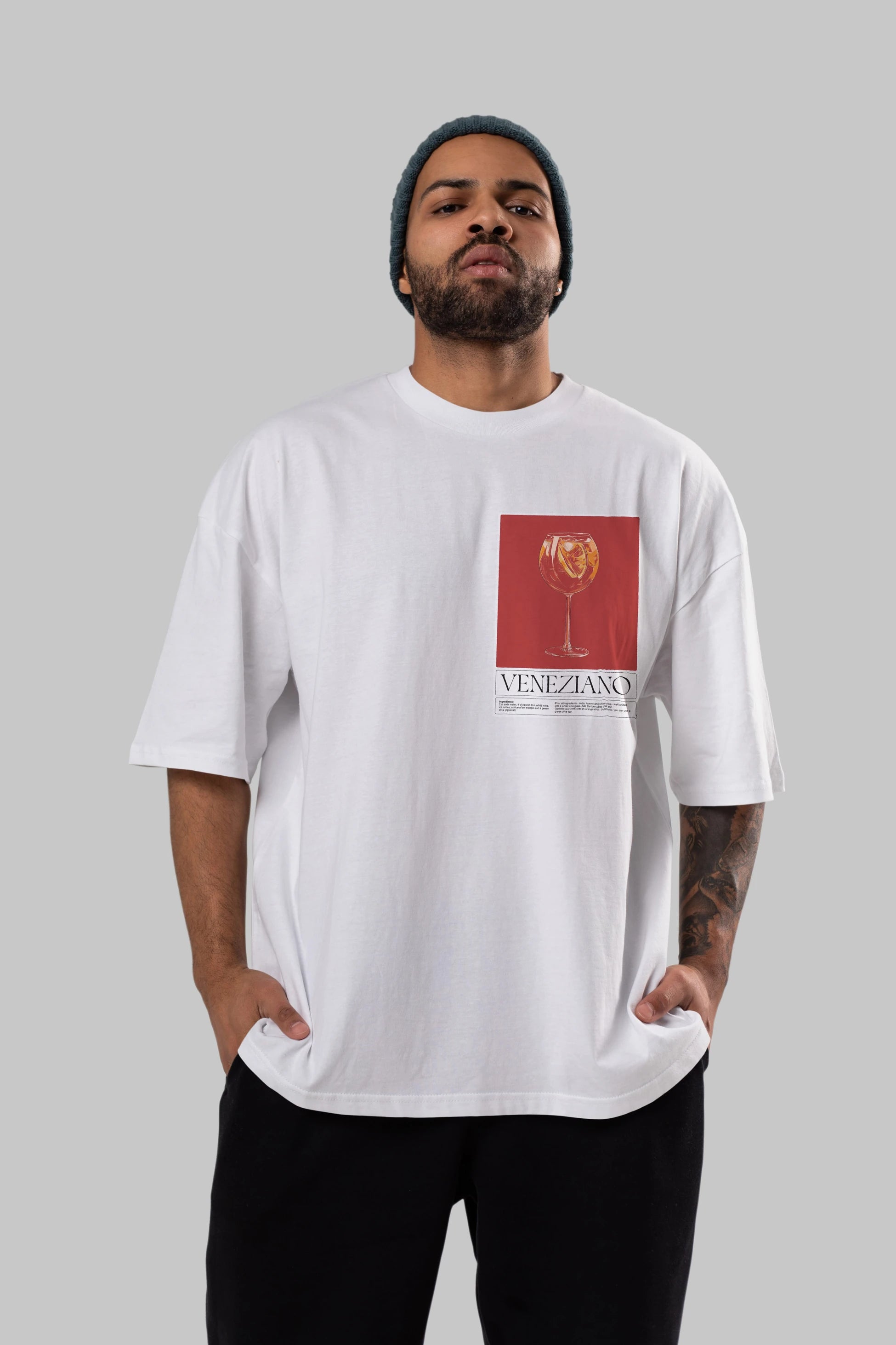 Veneziano Ön Sol Baskılı Oversize t-shirt Erkek Kadın Unisex %100 Pamuk Bisiklet Yaka tişort
