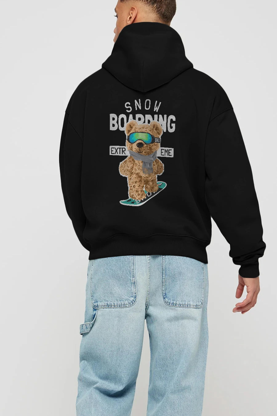 Teddy Bear Snow Boarding Arka Baskılı Hoodie Oversize Kapüşonlu Sweatshirt Erkek Kadın Unisex