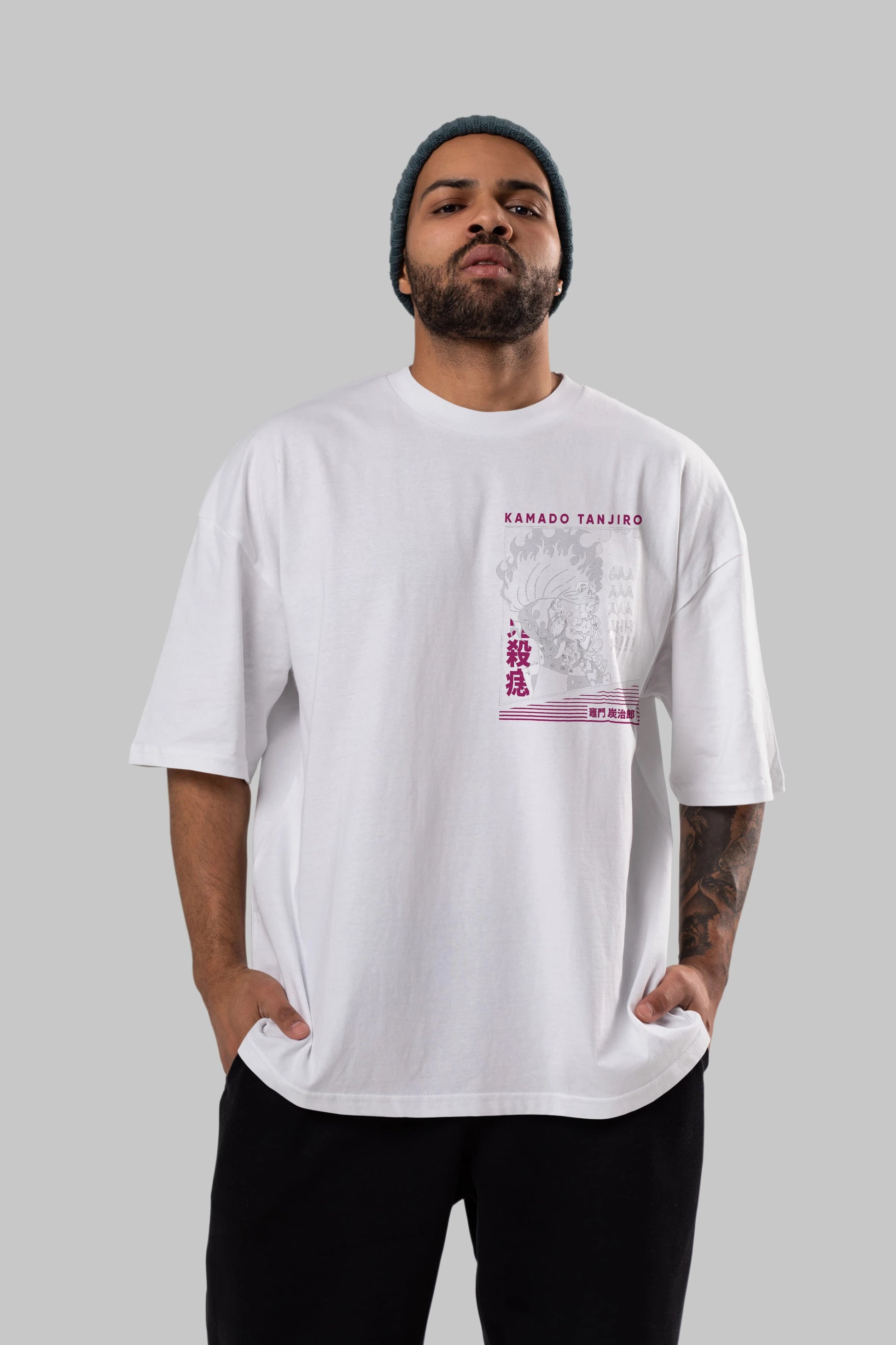TANJIRO KAMADO 3 Ön Sol Baskılı Oversize t-shirt Erkek Kadın Unisex %100 Pamuk Bisiklet Yaka tişort
