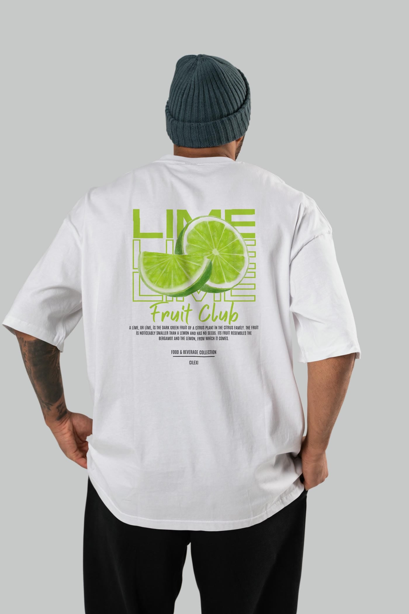 Lime Arka Baskılı Oversize t-shirt Erkek Kadın Pamuk Bisiklet Yaka tişort