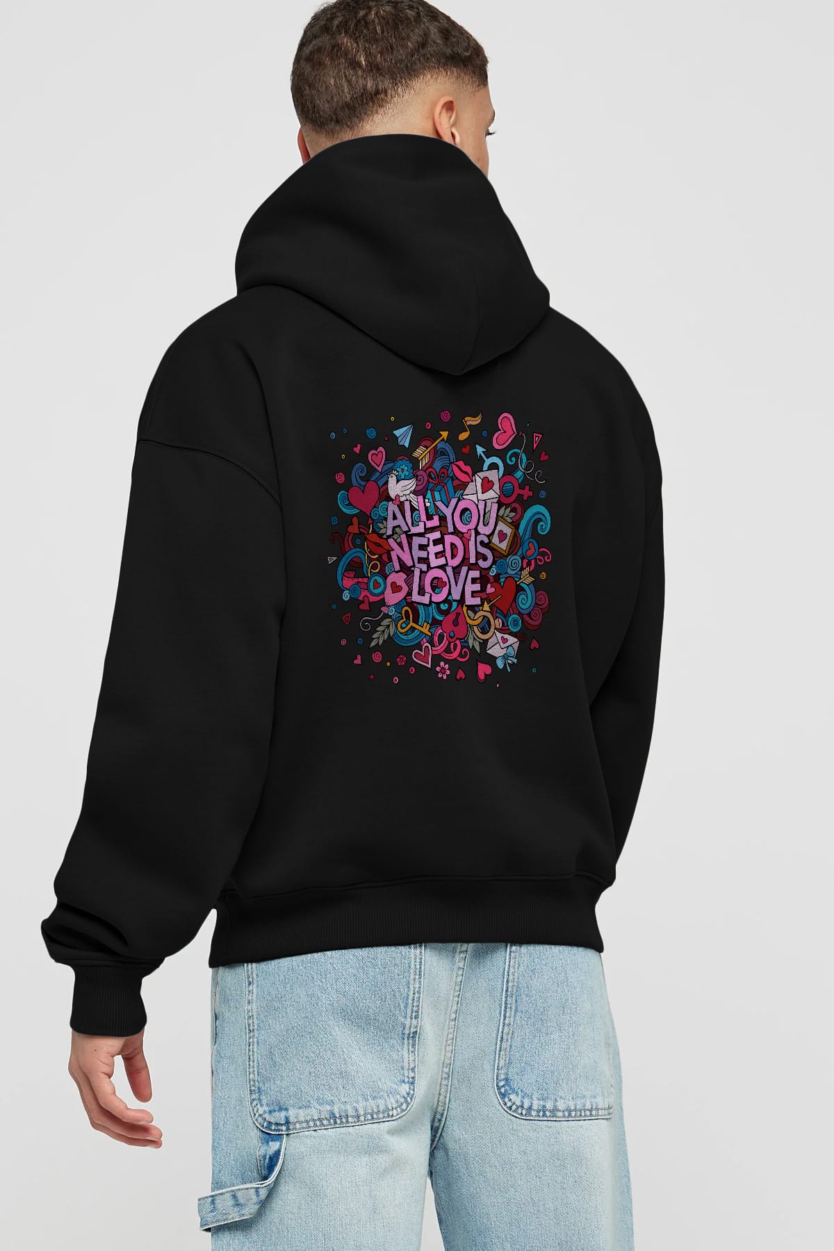 Cute Fun Colorful Heart Art Love Arka Baskılı Oversize Hoodie Kapüşonlu Sweatshirt Erkek Kadın Unisex