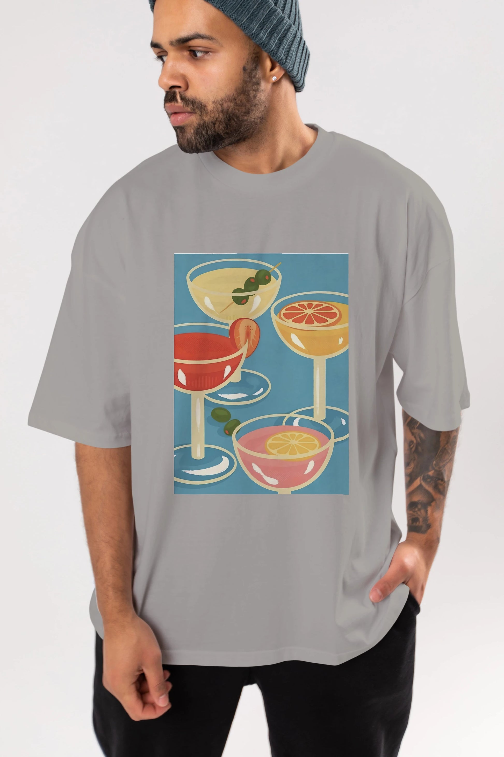 Cocktails Ön Baskılı Oversize t-shirt Erkek Kadın Unisex %100 Pamuk Bisiklet Yaka tişort
