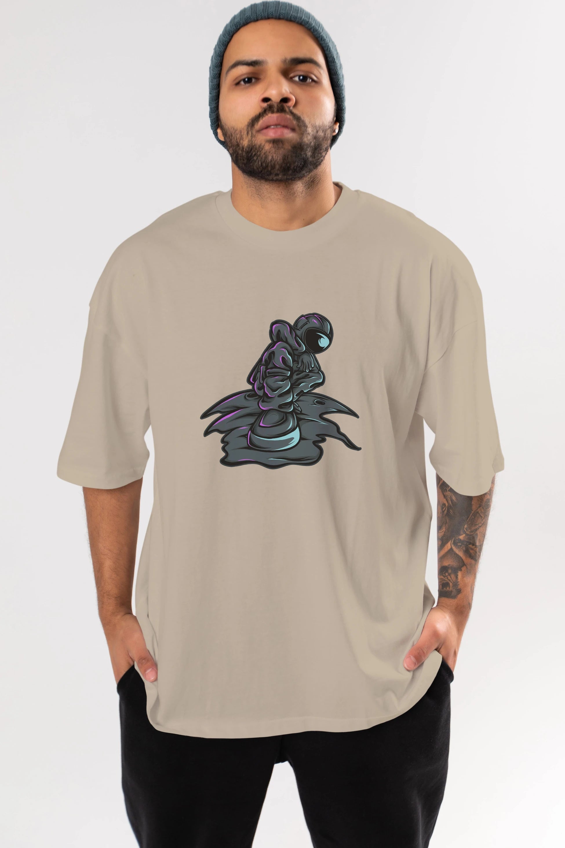 Stylish Astronaut Ön Baskılı Oversize t-shirt Erkek Kadın Unisex