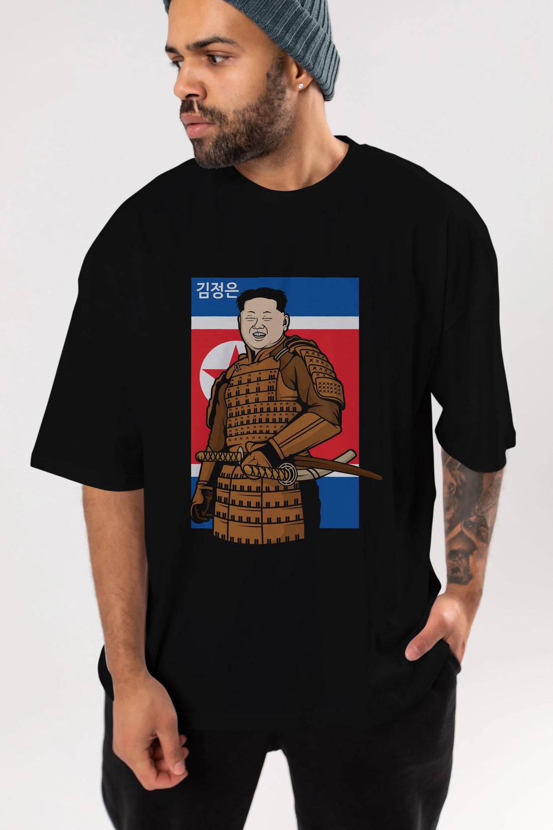 Samurai Jong Un Ön Baskılı Oversize t-shirt Erkek Kadın Unisex %100 Pamuk tişort