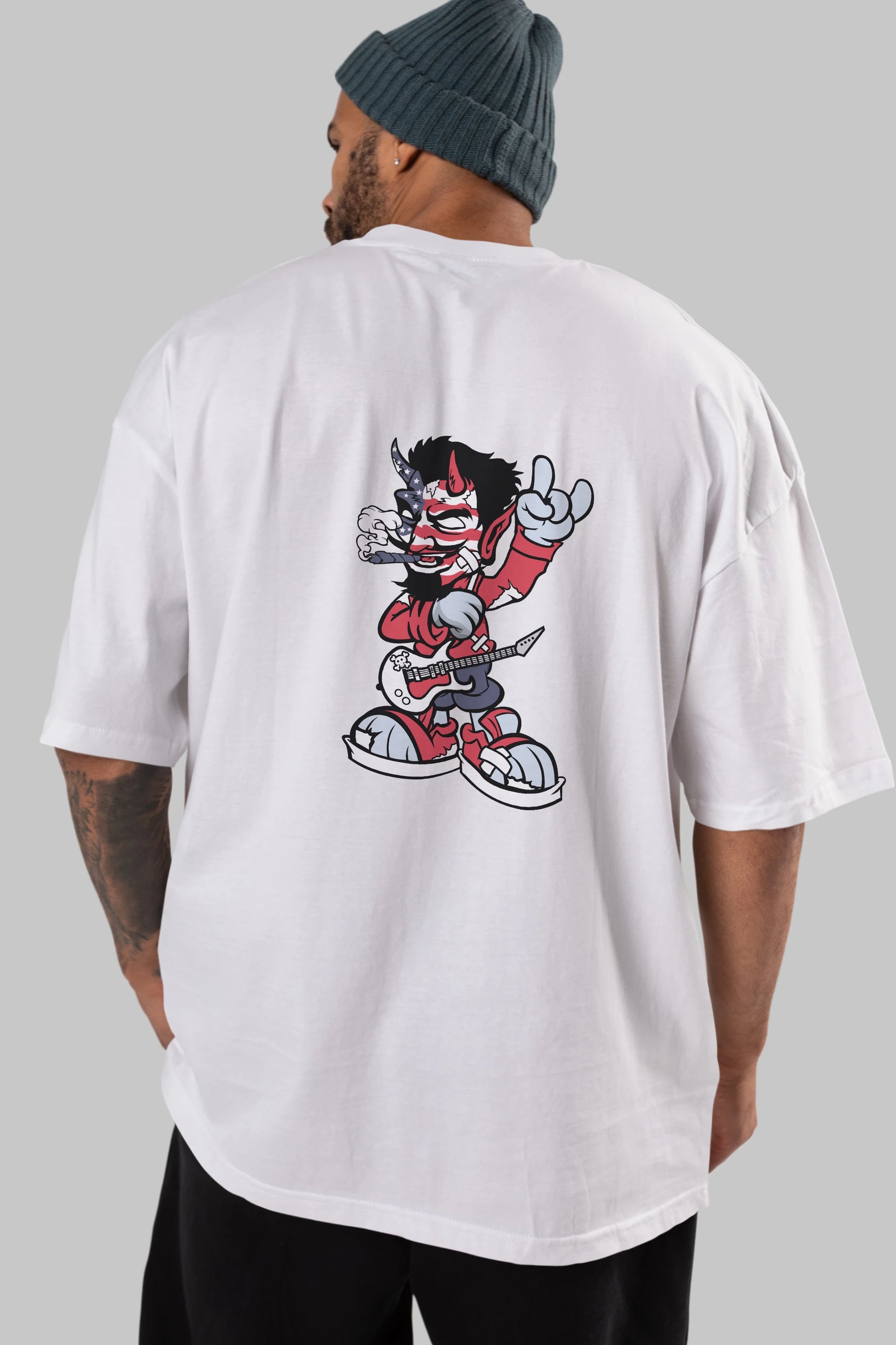 American Devil Rockstar Arka Baskılı Oversize t-shirt Erkek Kadın Unisex %100 Pamuk tişort