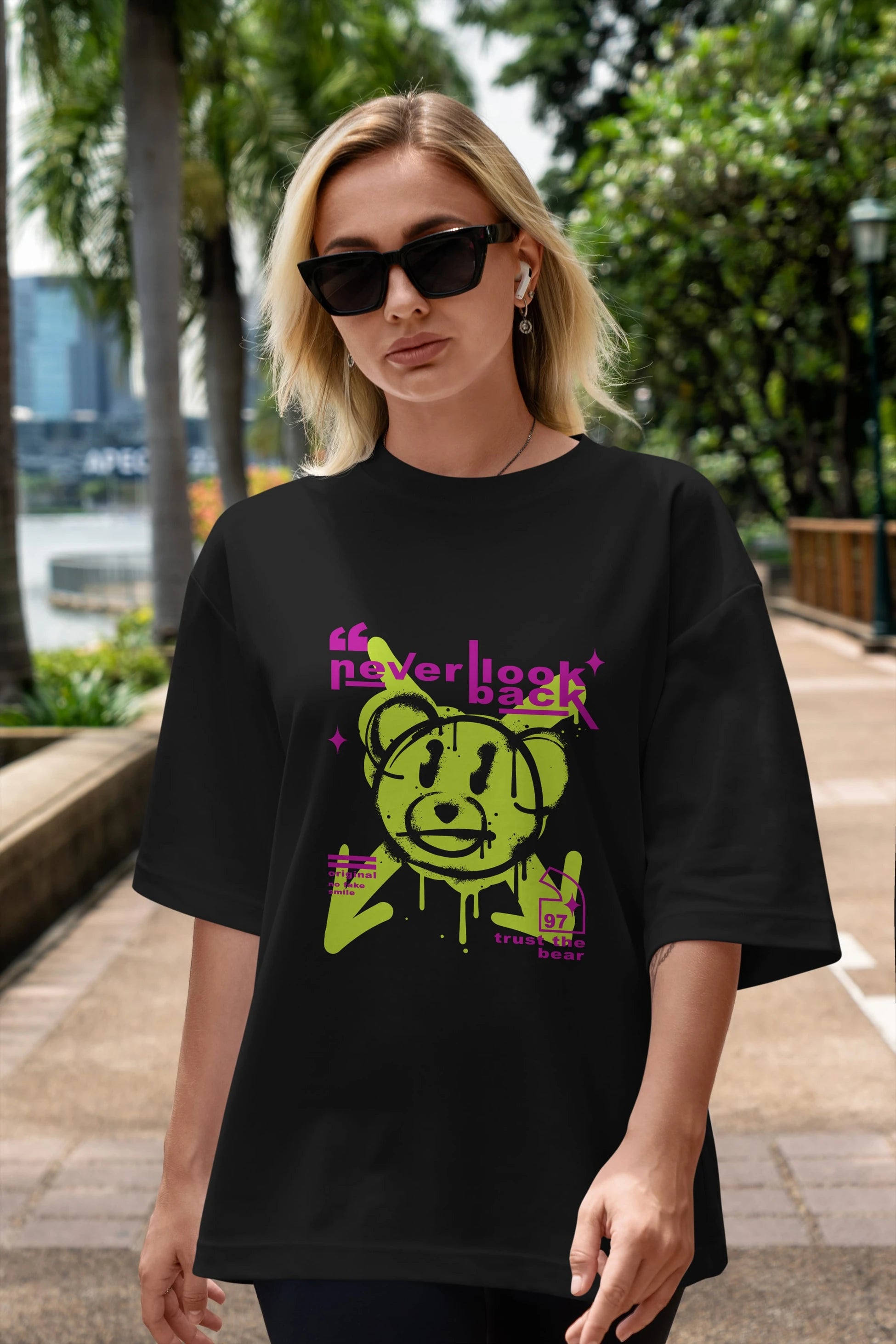 Never Look Back Bear Ön Baskılı Oversize t-shirt Erkek Kadın Unisex