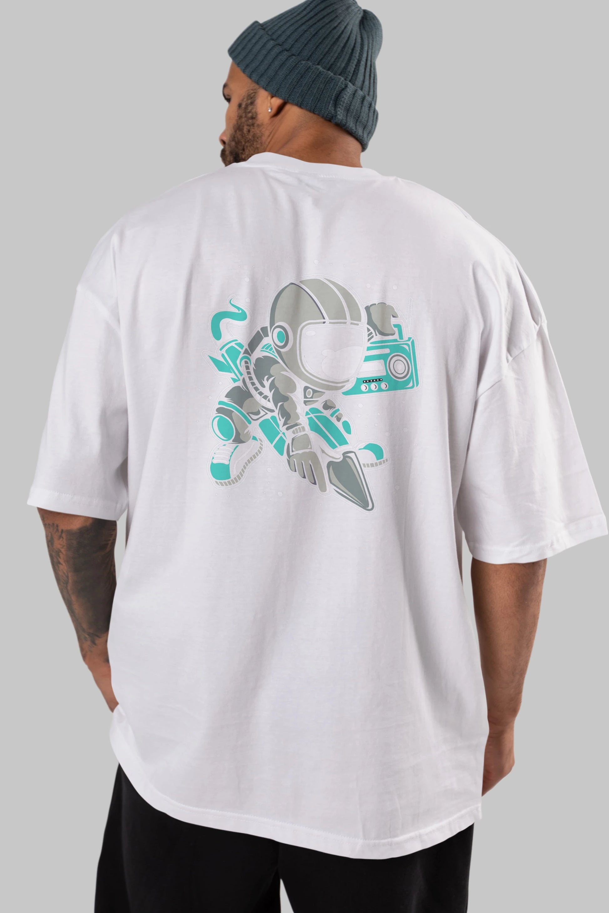 Astronaut Rocket (2) Arka Baskılı Oversize t-shirt Erkek Kadın Unisex