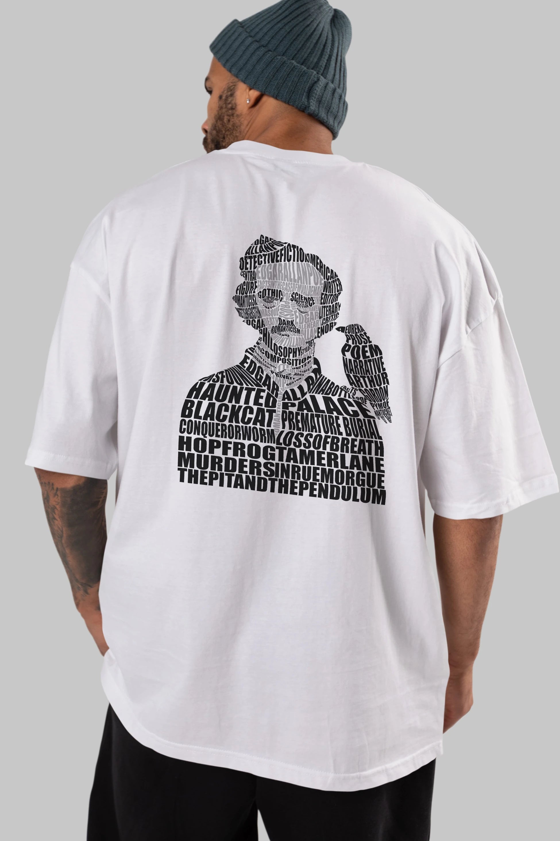 Edgar Alan Poe Calligram Arka Baskılı Oversize t-shirt %100 pamuk Erkek Kadın Unisex