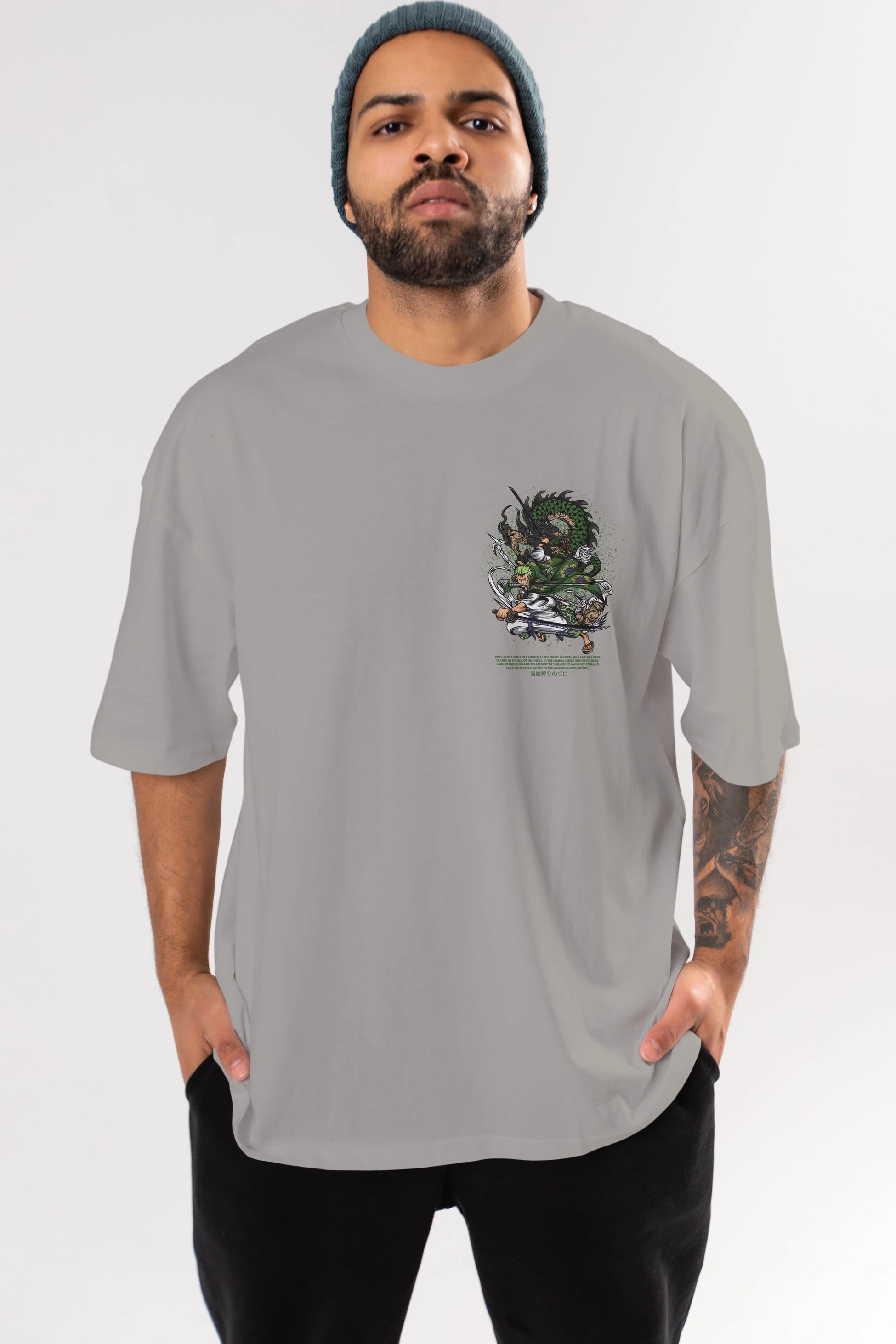 Zoro Ön Sol Baskılı Oversize t-shirt Erkek Kadın Unisex %100 Pamuk Bisiklet Yaka tişort