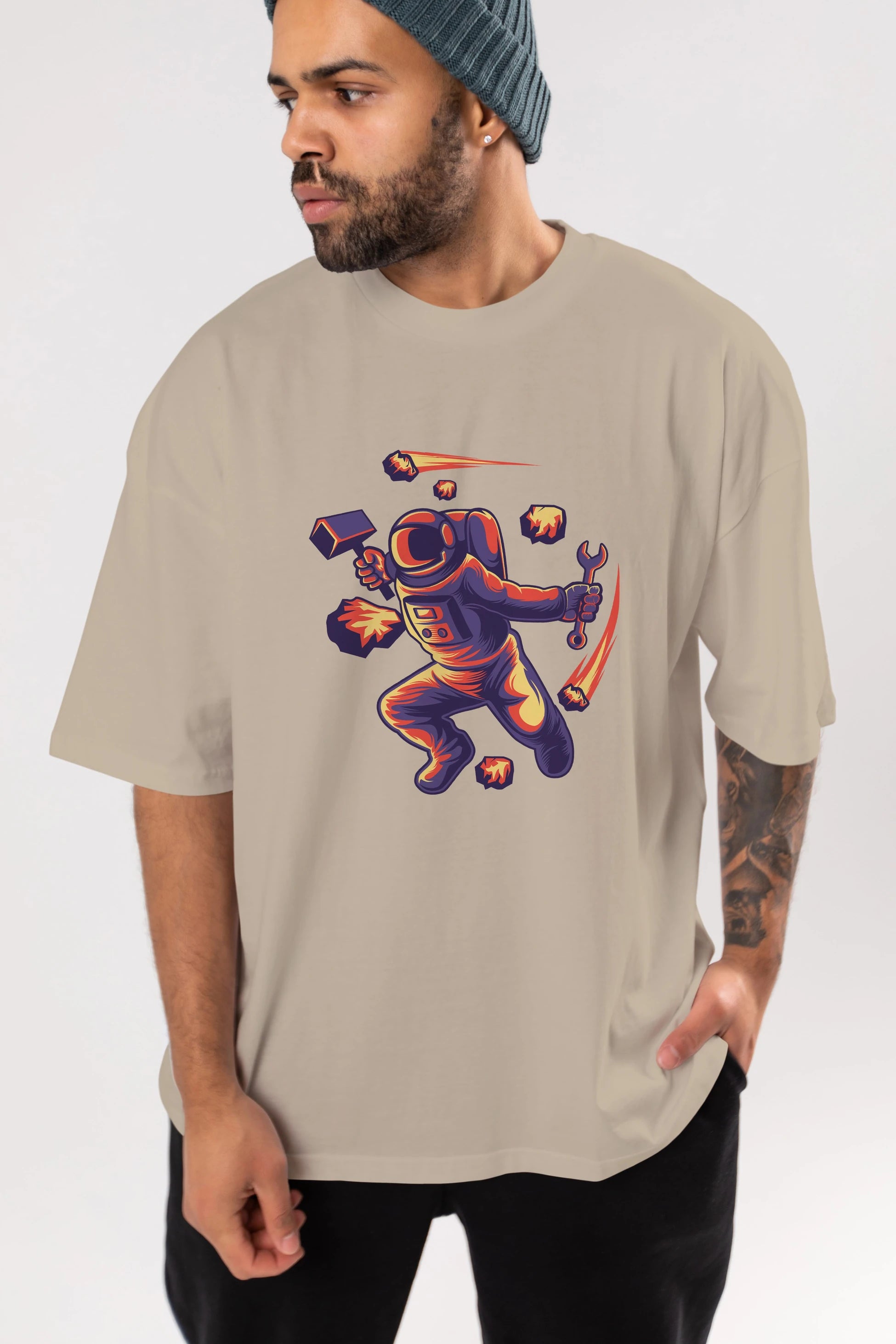 Astronaut Block Meteor Ön Baskılı Oversize t-shirt Erkek Kadın Unisex